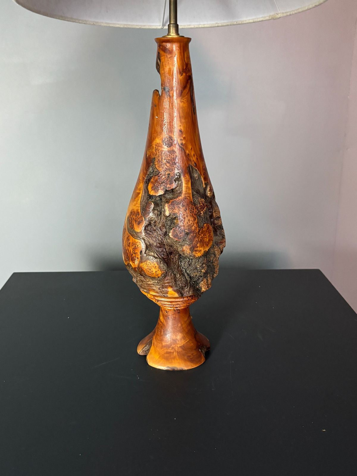 Sculptural Artisanal Brutalist Midcentury Burl Wood Turned Table Lamp 1960s photo 578.0