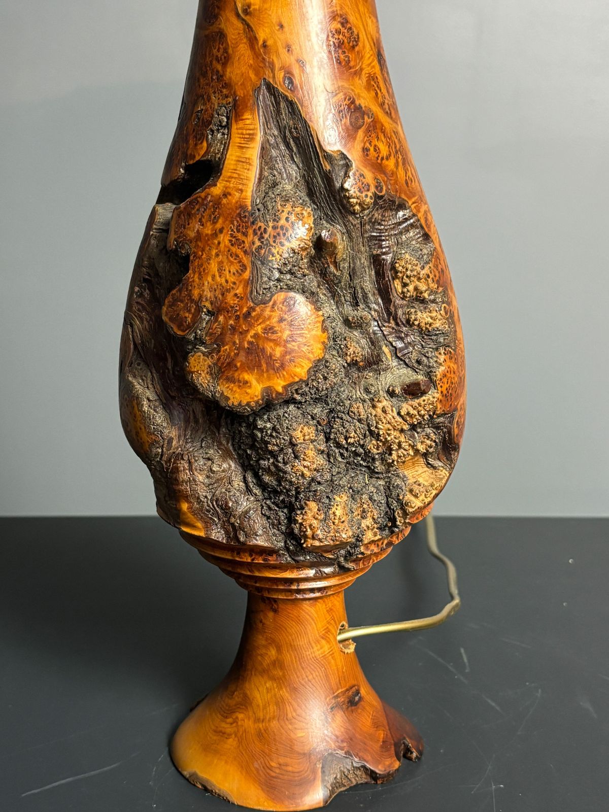 Lighting Sculptural Artisanal Brutalist Midcentury Burl Wood Turned Table Lamp 1960s photo