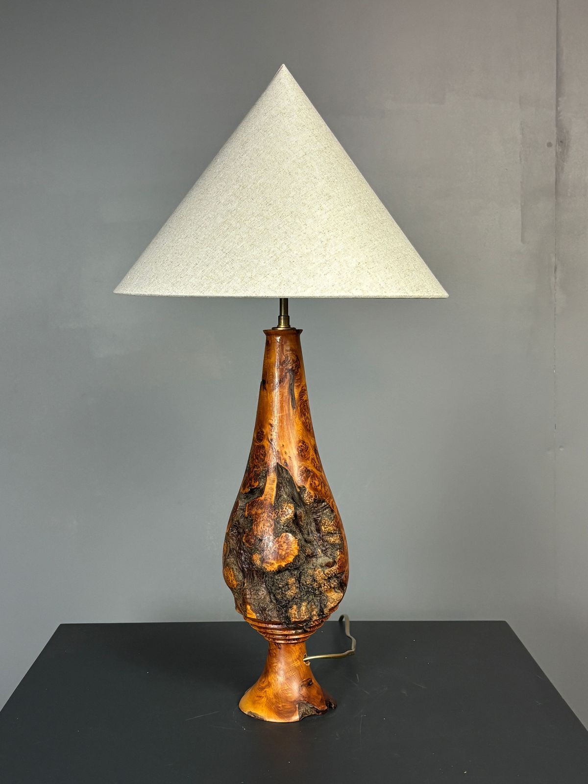 578.0 Sculptural Artisanal Brutalist Midcentury Burl Wood Turned Table Lamp 1960s photo