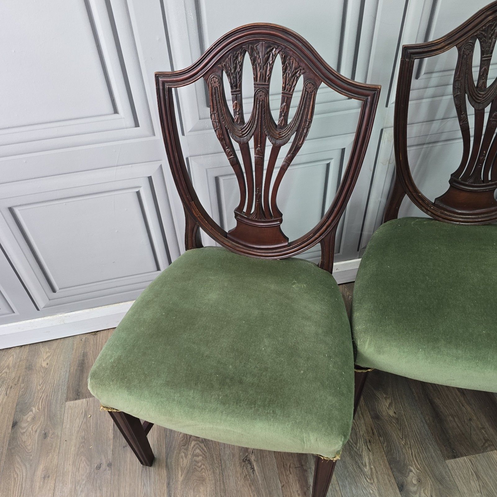 Antique Dining Chairs Set Of 6 Hepplewhite Style Mahogany Shield Back Seats photo 470.0