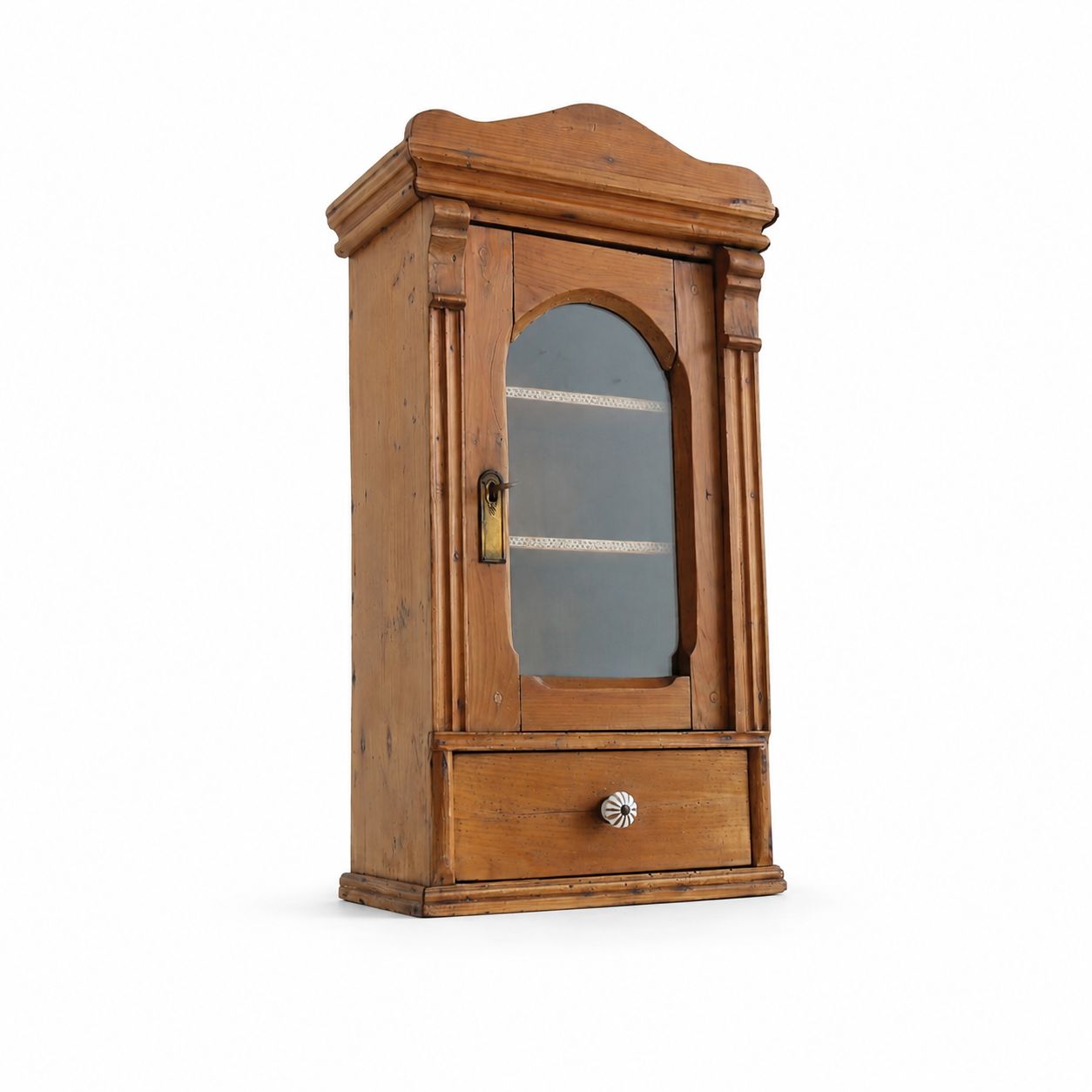 Antique Pine Hanging Cabinet With Glass Door, Lock & Key, Rustic Wall Cabinet With Drawer, Farmhouse Cupboard