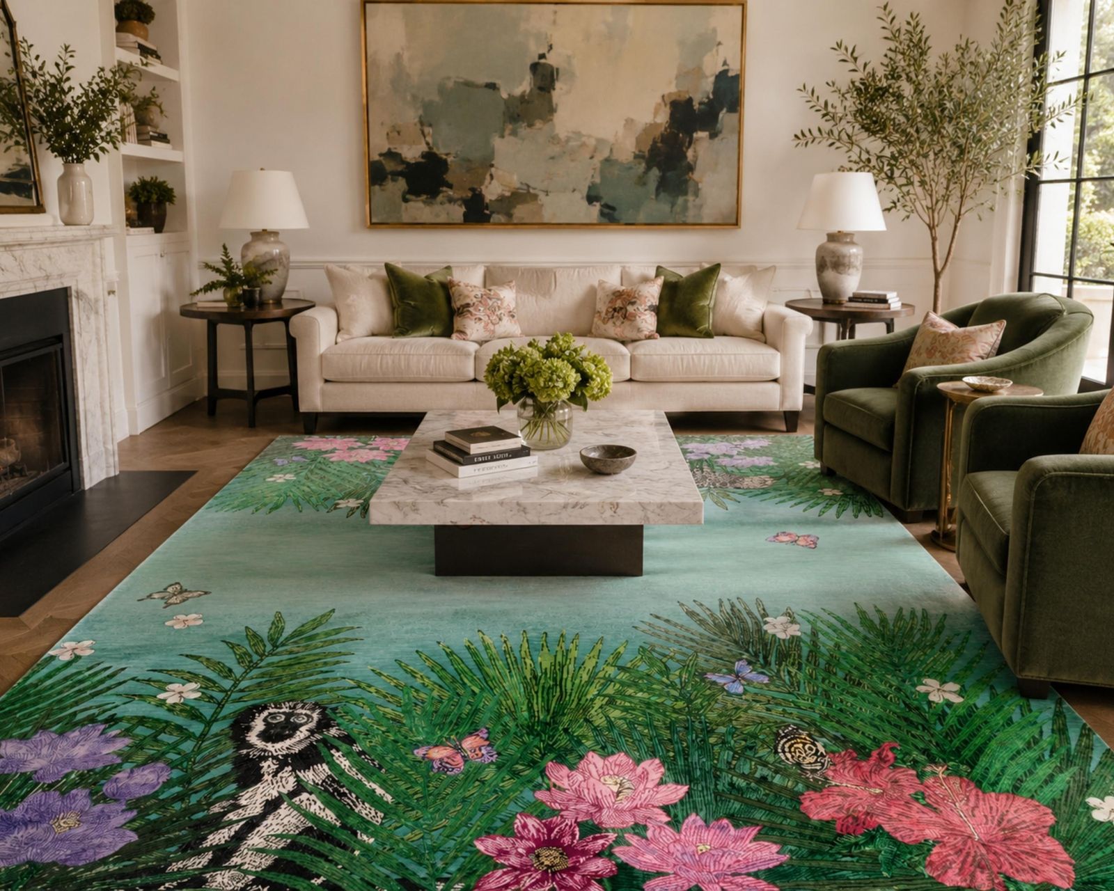Tapis de luxe noué à la main en soie, motif jungle tropicale, léopard et singe photo furniture