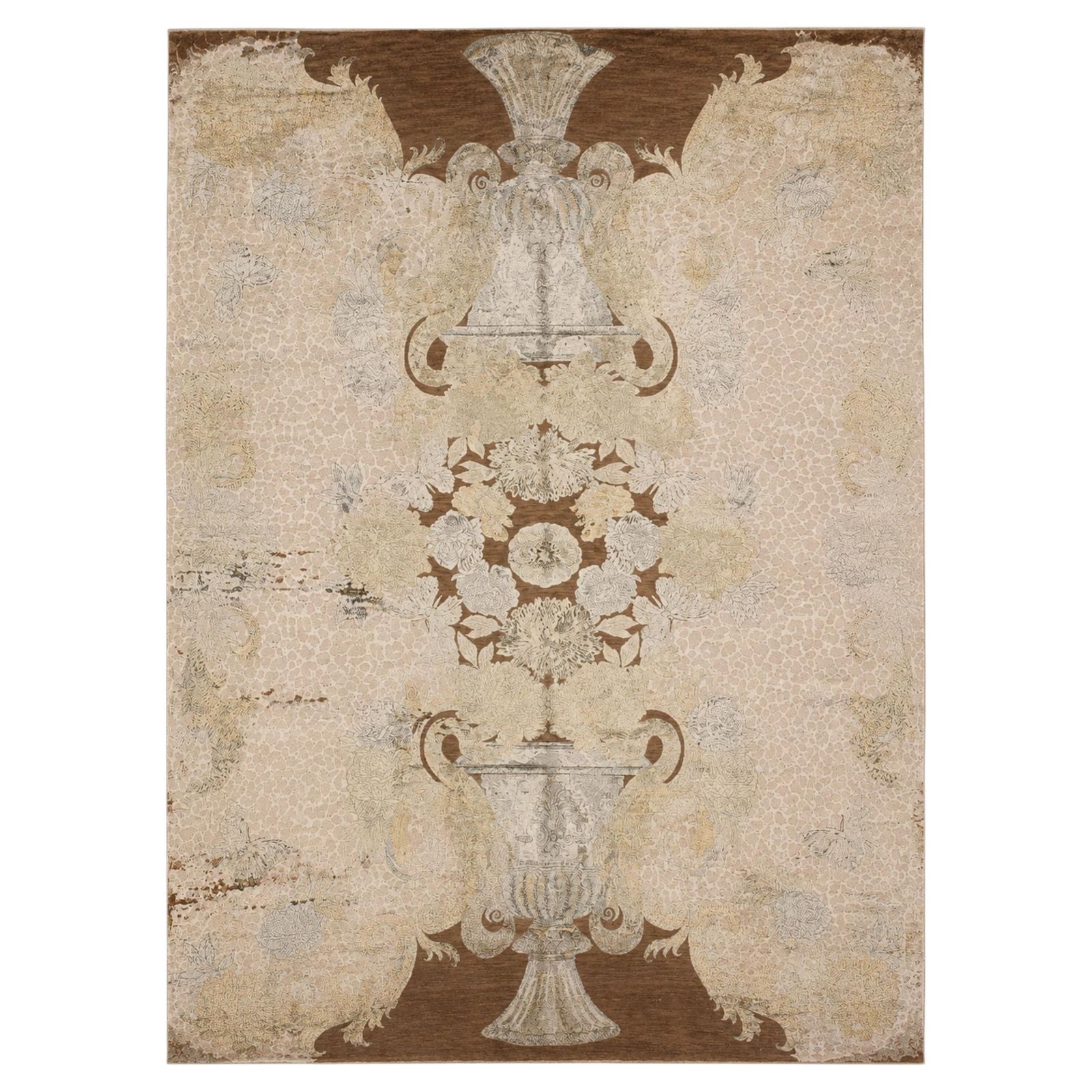 Modern tapijt, handgeweven zijden vloerkleed, beige bruin, abstract bloemmotief in ivoor