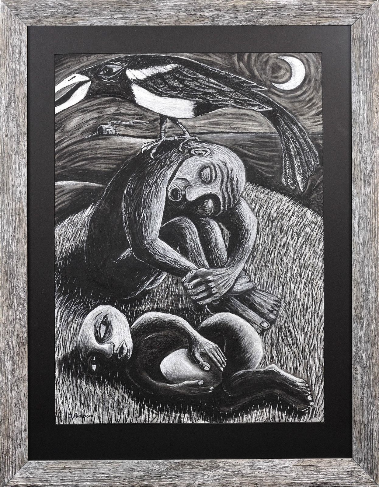 The Thief. Ingelijst pastelwerk, eind 20e eeuw, van de Welshe kunstenaar Julian Ruddock, geboren 1965. Symbolistische en expressionistische stijlen.