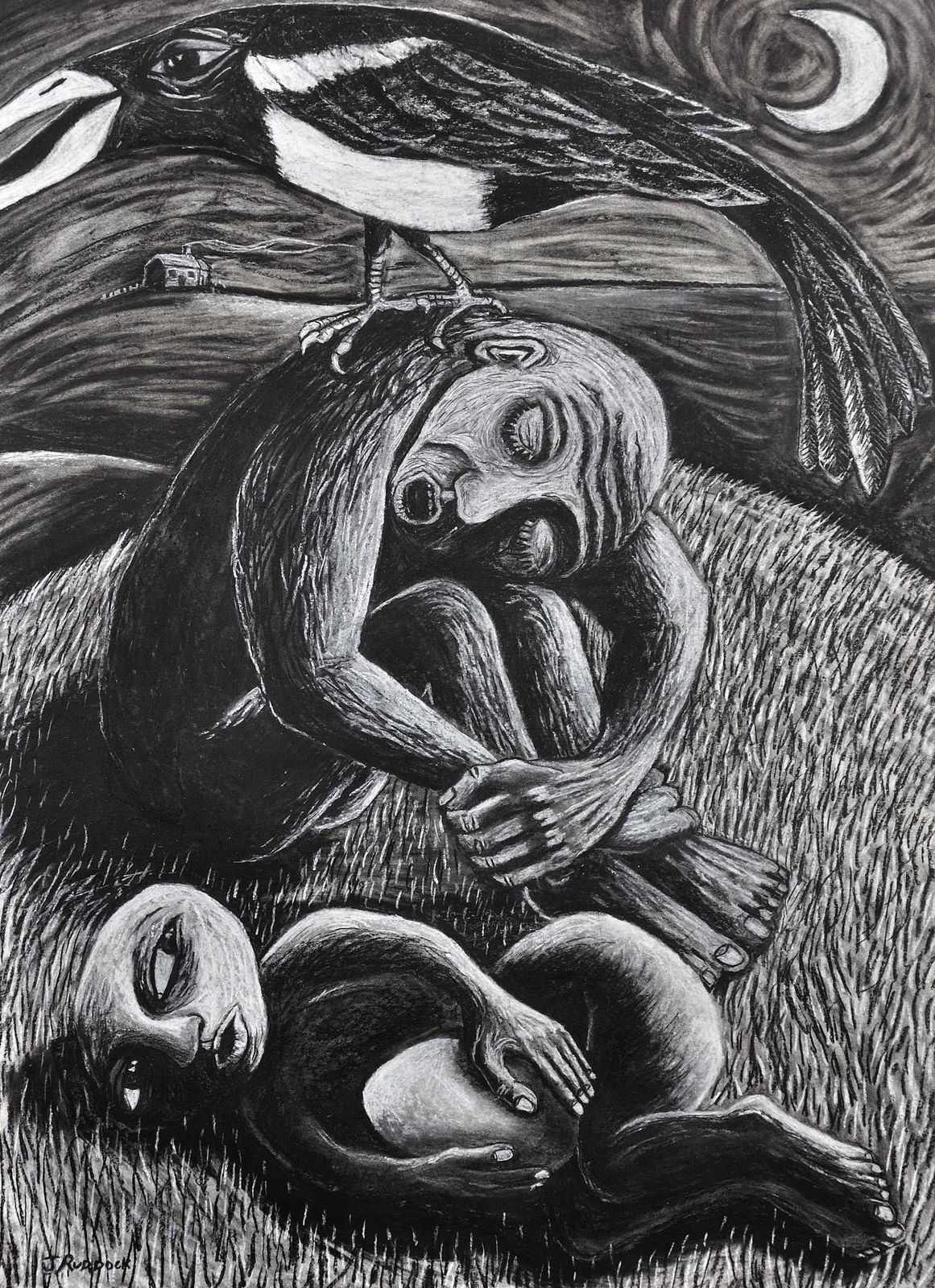 The Thief. Framed Late 20th Century Pastel Artwork By Welsh Artist Julian Ruddock B.1965. Symbolist & Expressionist Artistic Styles. photo furniture
