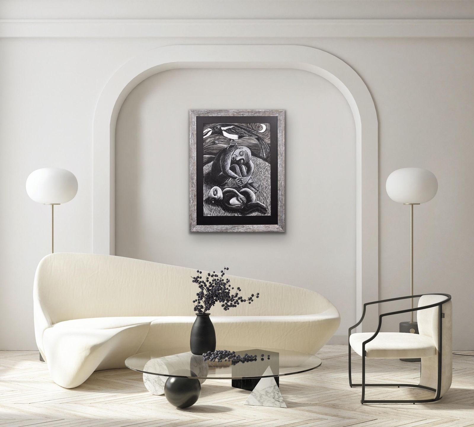 photo furniture The Thief. Ingelijst pastelwerk, eind 20e eeuw, van de Welshe kunstenaar Julian Ruddock, geboren 1965. Symbolistische en expressionistische stijlen.