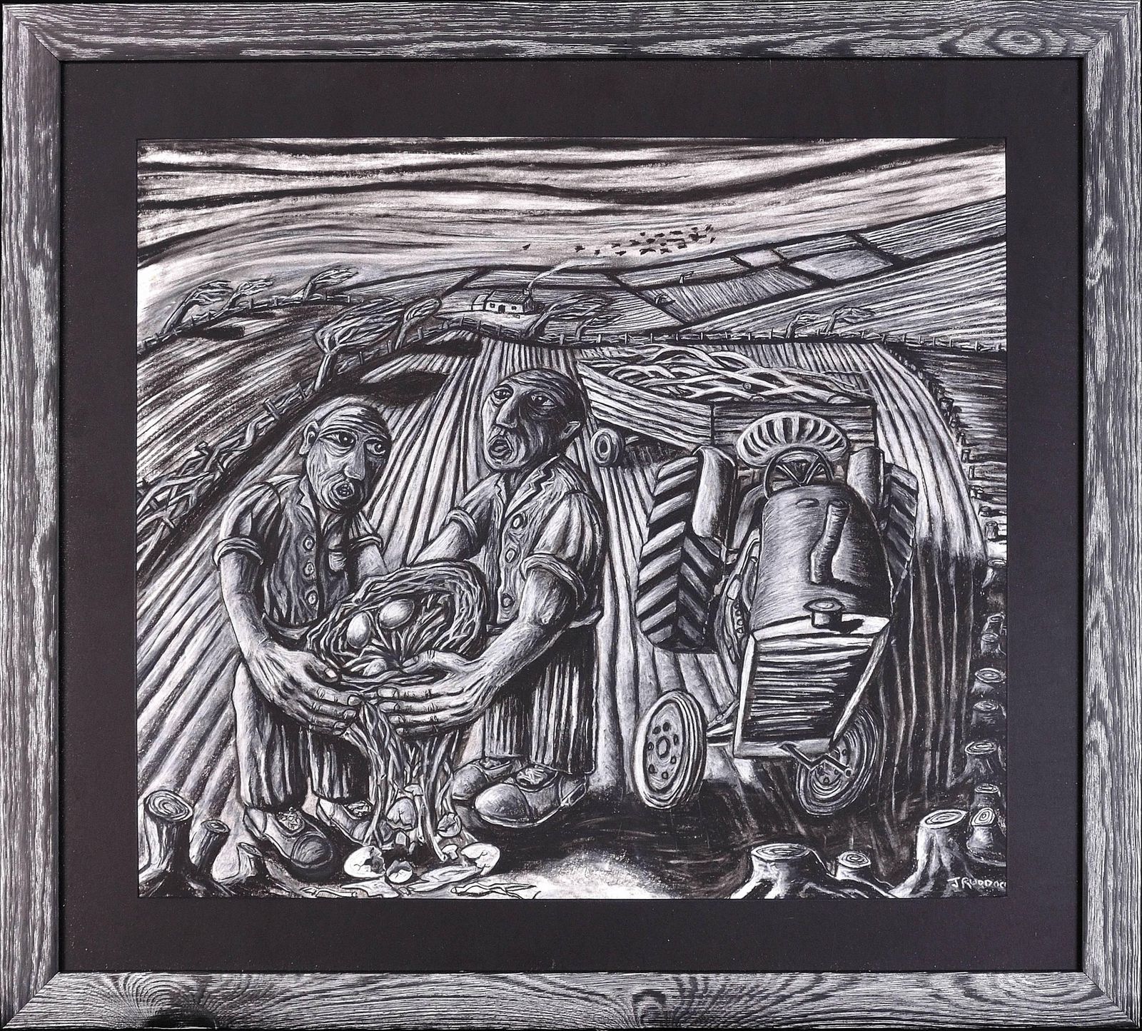 Lost Hedgerows. Ingelijst milieu-activistisch pastelkunstwerk van de Welshe kunstenaar Julian Ruddock, geb. 1965.