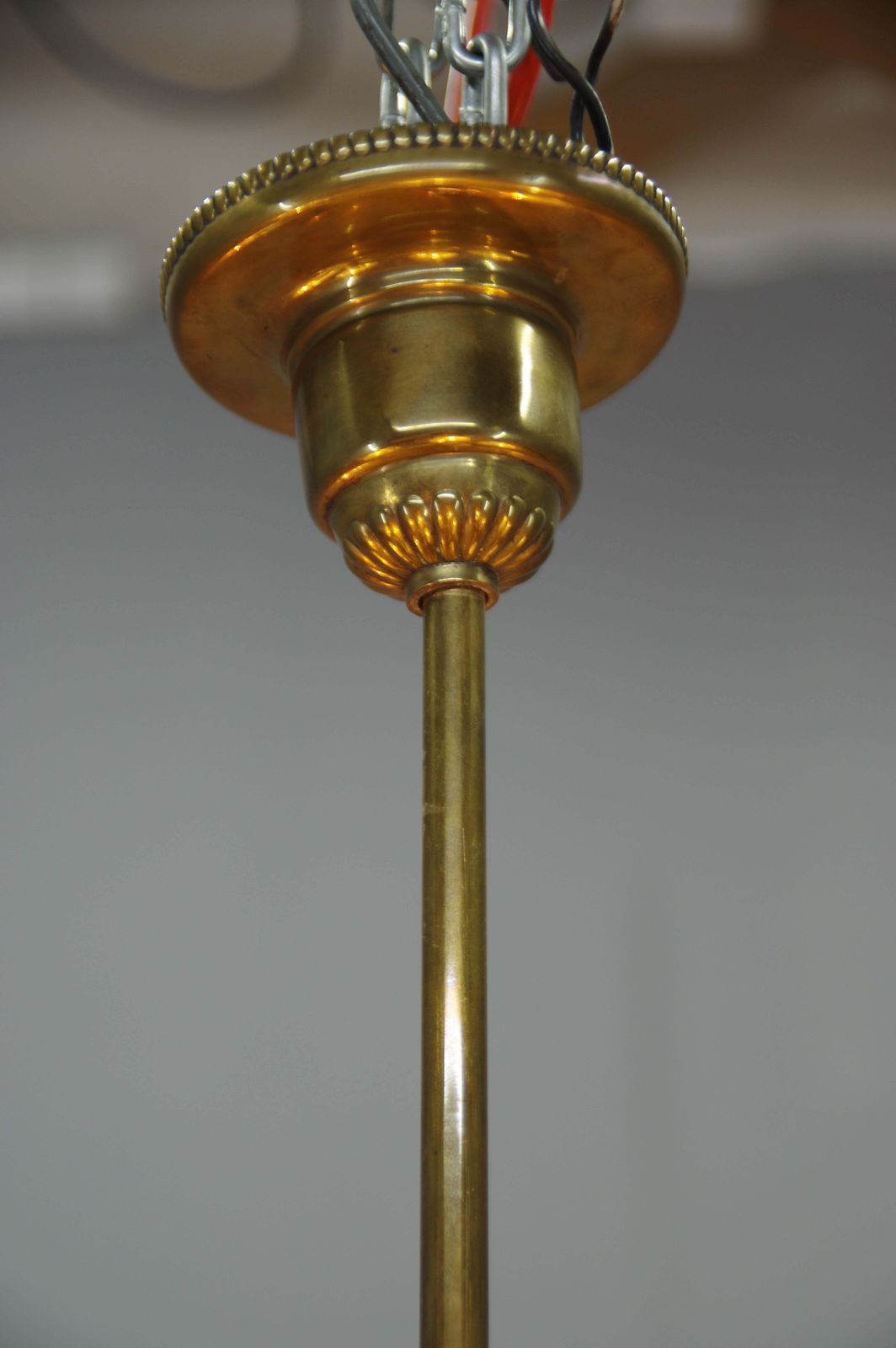 Art Nouveau Zeslichts Messing Kroonluchter van Jenčík, Tsjecho-Slowakije, jaren 1920, met label photo vinterior
