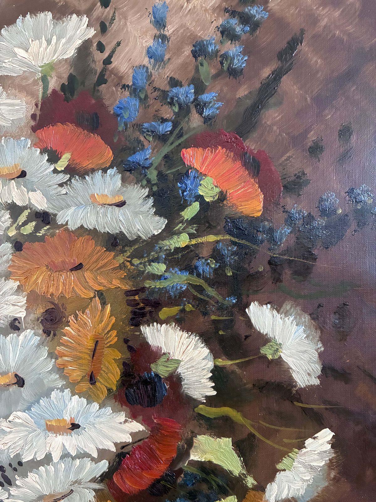 Vintage Original Floral Oil Painting With Wildflowers In Blue Vase photo buy