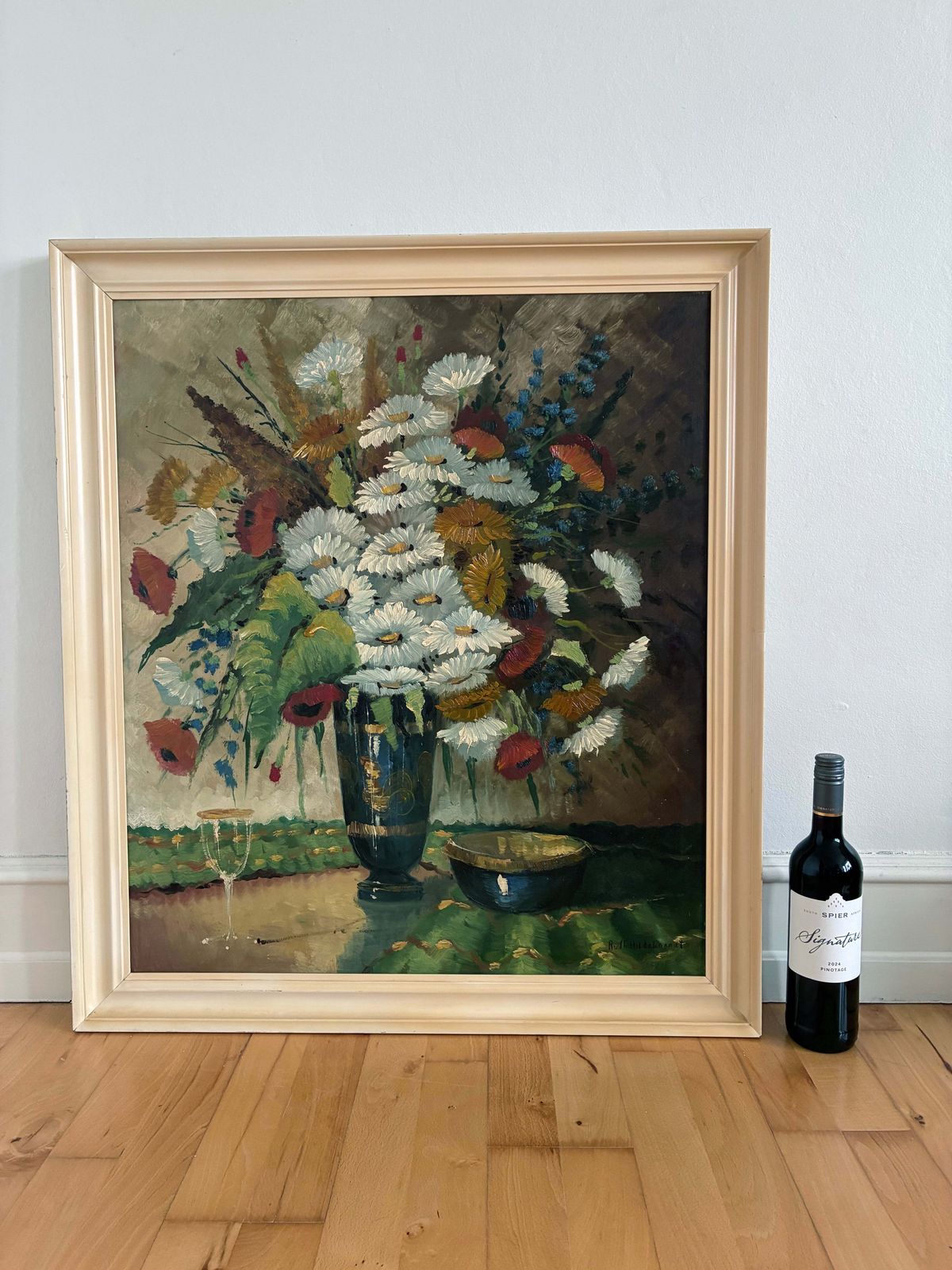 525.0 Peinture à l'huile florale vintage, bouquet de fleurs sauvages dans un vase bleu photo