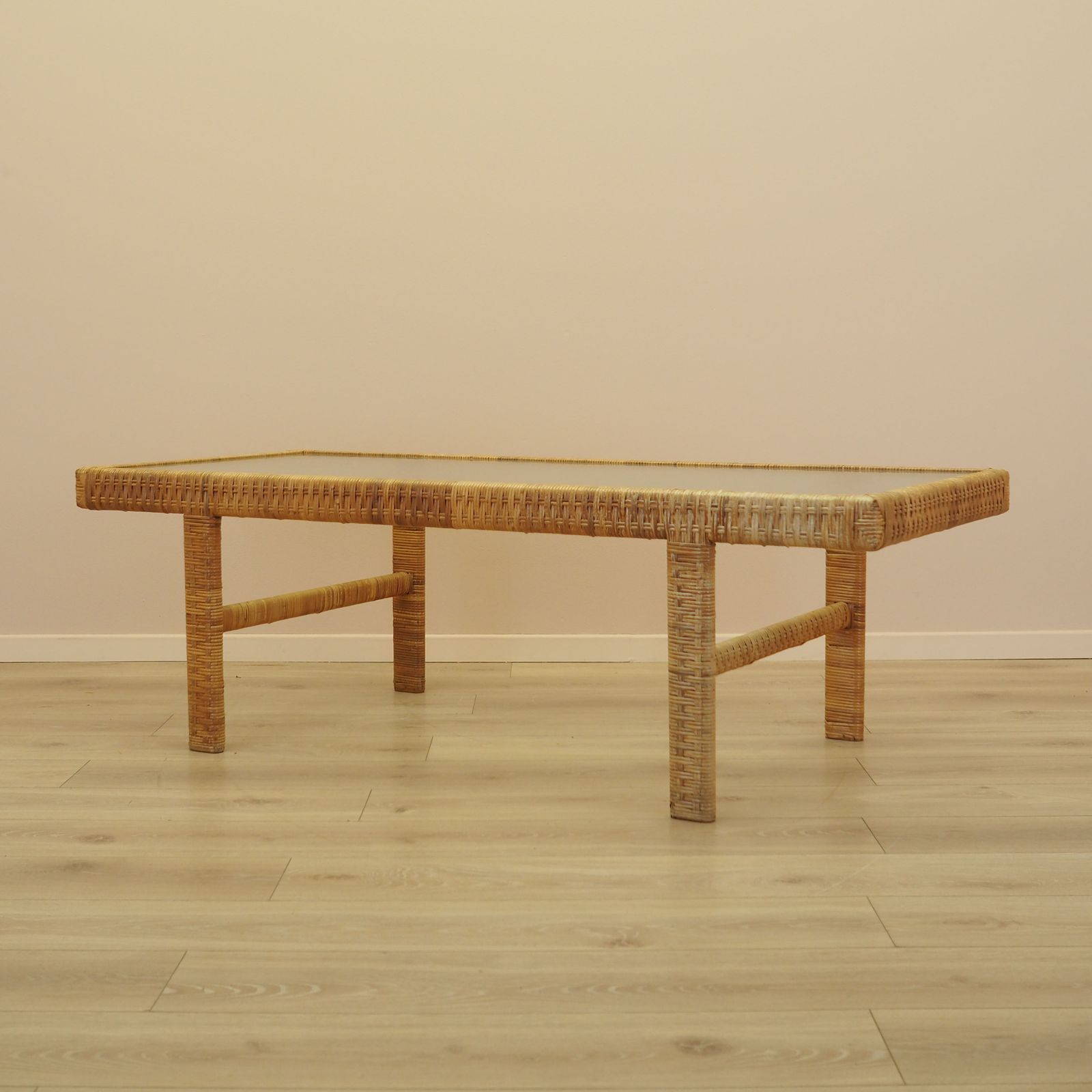 Glass And Wicker Side Table, Danish Design, 1970s, Made In Denmark photo furniture