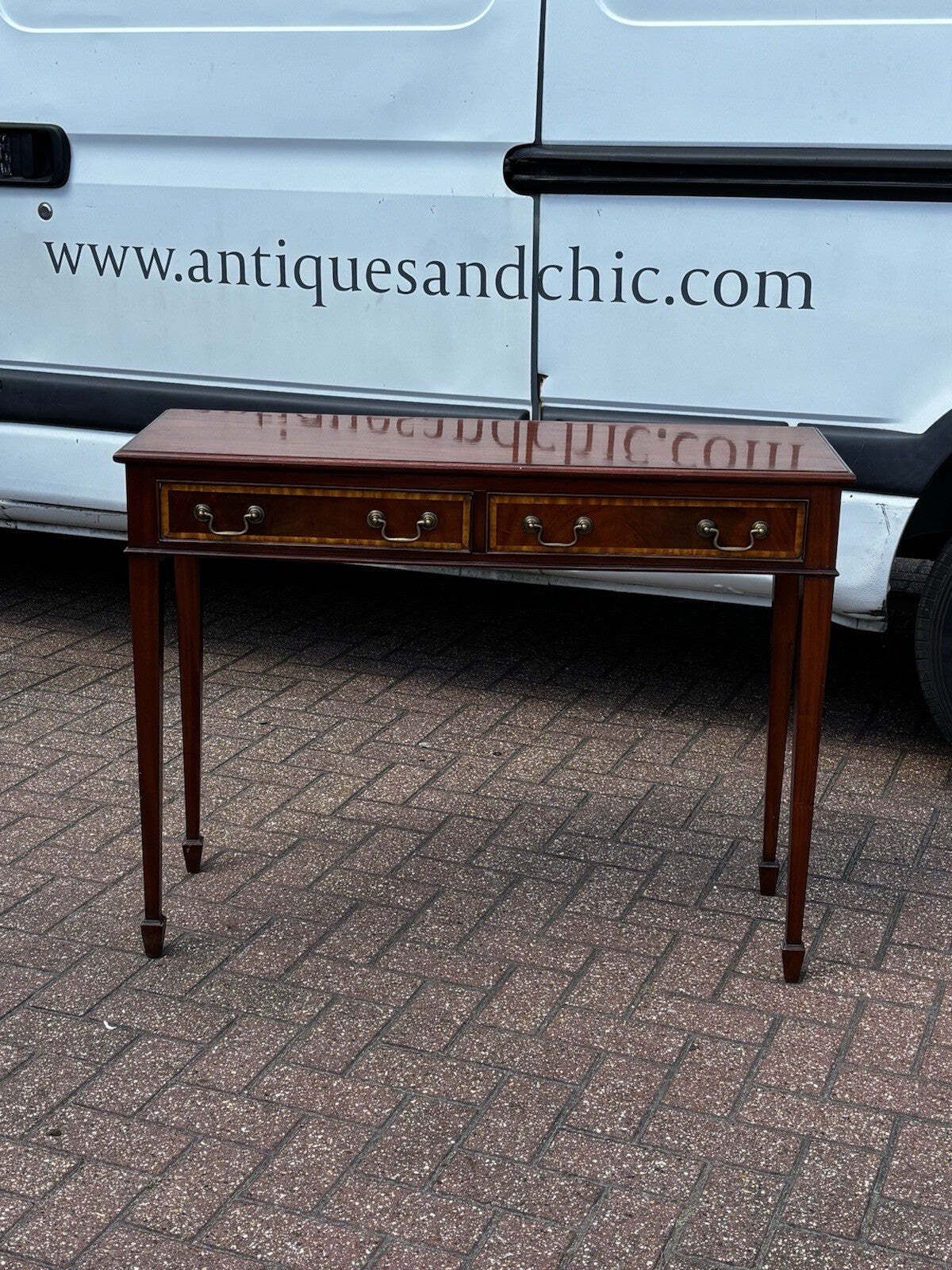 Console Table, Inlaid Mahogany With 2 Drawers. photo for sale