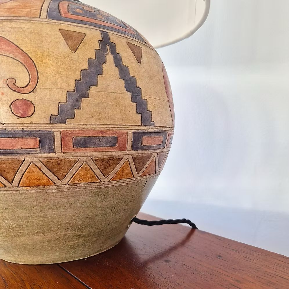1970's French Painted Terracotta Lamp: Mid Century Modernist Brutalist Style photo furniture