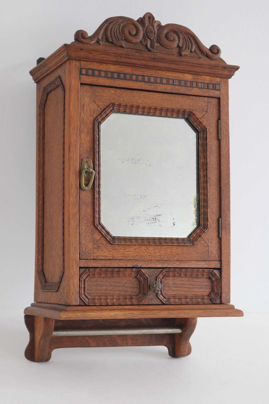 Antique Oak Bathroom Cabinet Mirror Wall Cabinet Secret Compartment Drawer photo Furniture