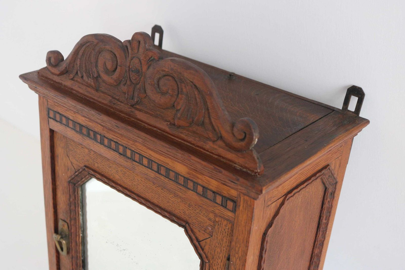 Furniture Antique Oak Bathroom Cabinet Mirror Wall Cabinet Secret Compartment Drawer photo