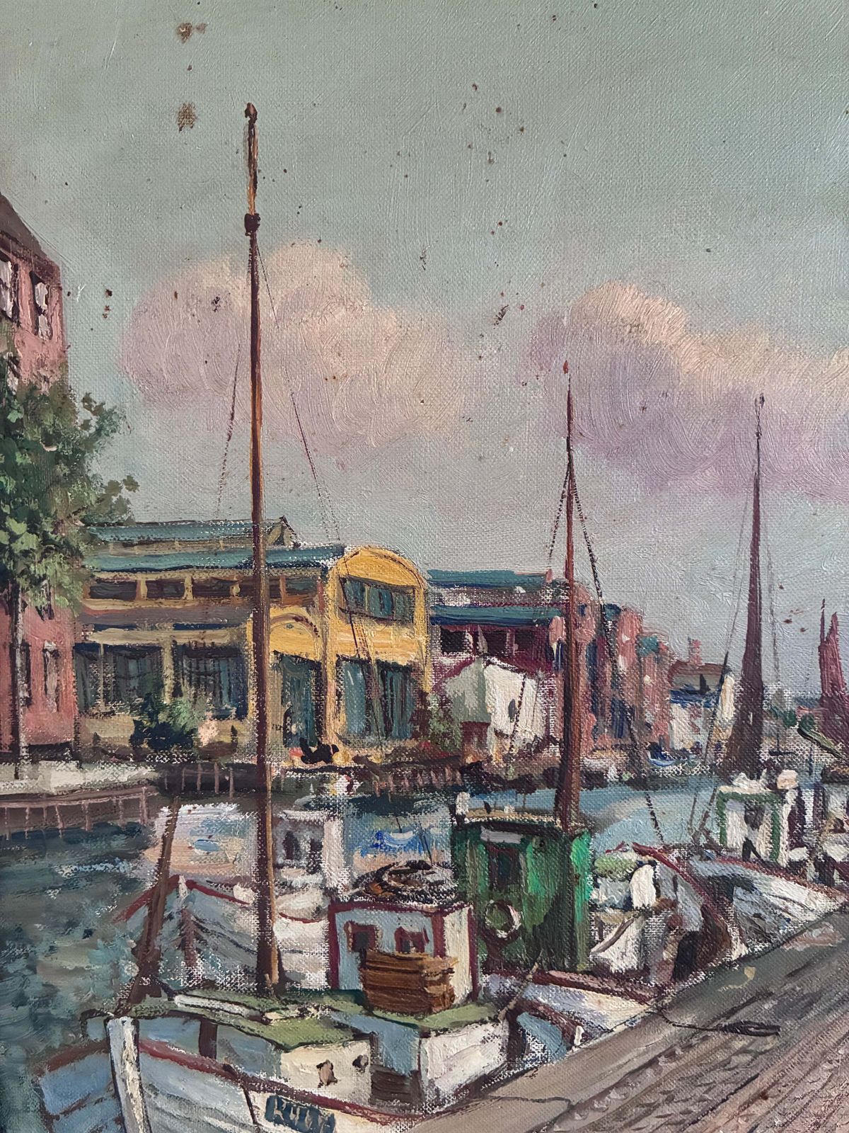 Vintage Original Scandinavian Harbor Oil Painting photo Art