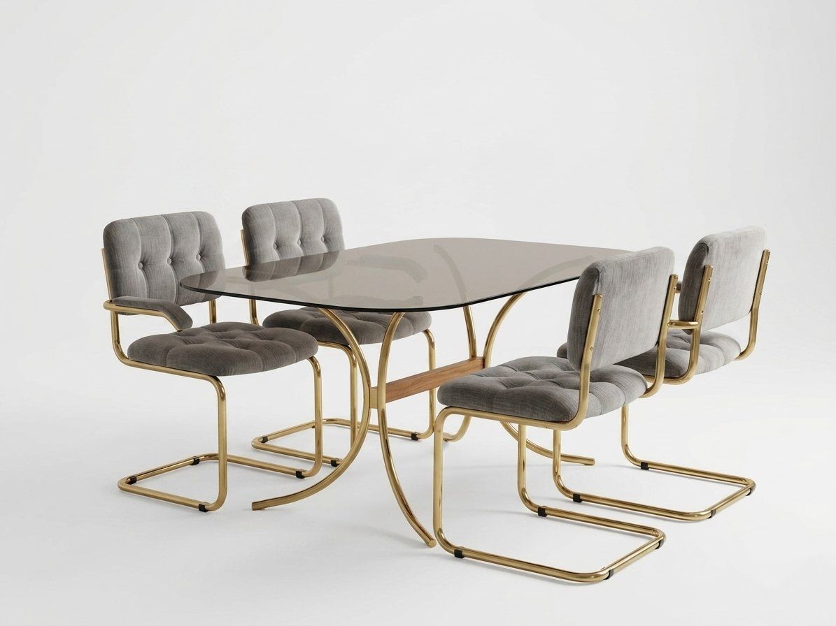 Italian Modern Gray Tufted Chairs And Glass Table, 1970s, Set Of 5