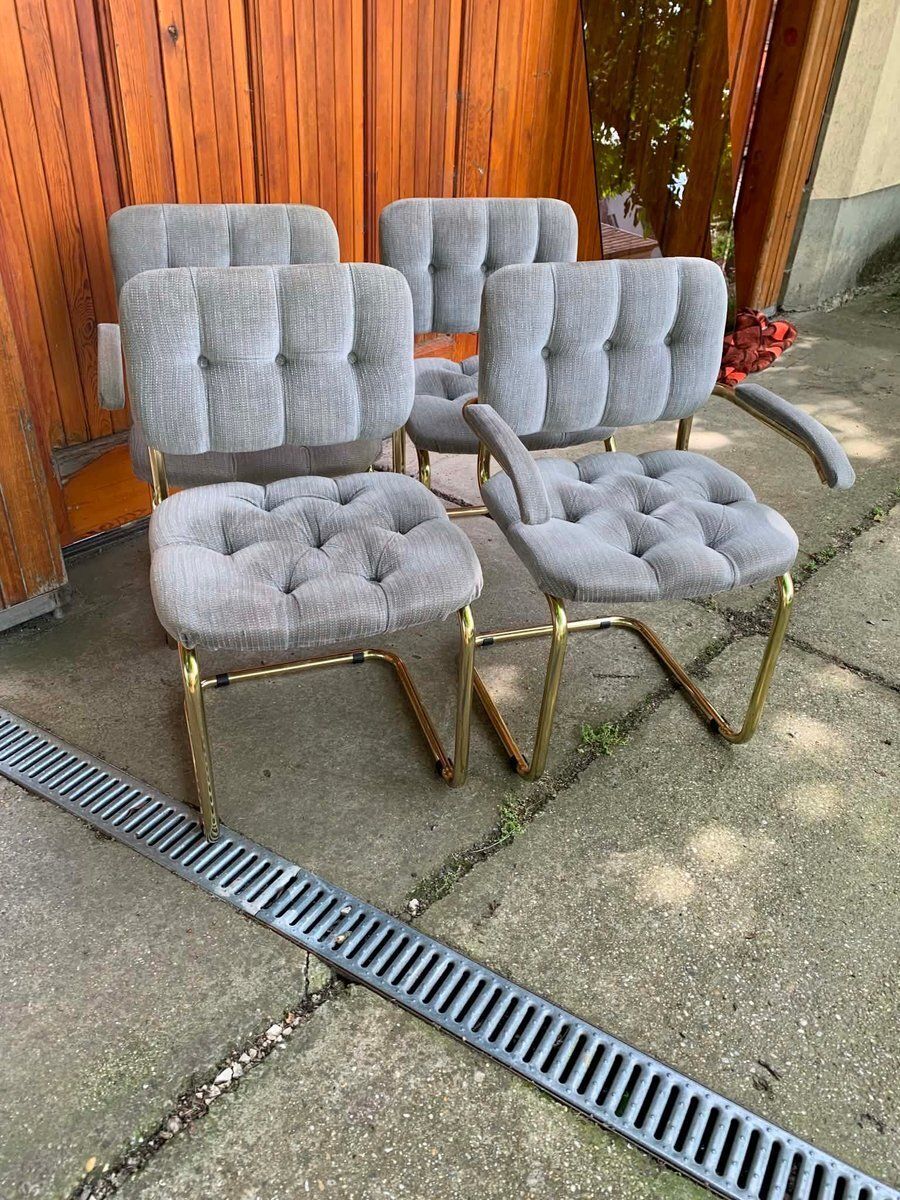 Italian Modern Gray Tufted Chairs And Glass Table, 1970s, Set Of 5 photo 4697.0