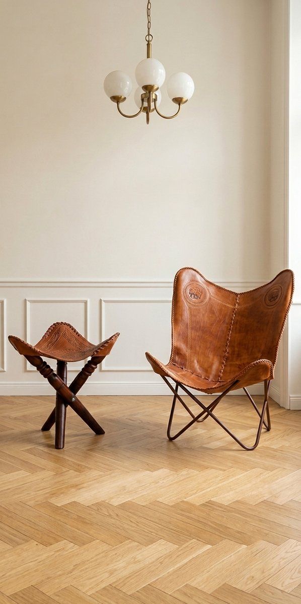 Set van handgemaakte leren vlinderchair en ottoman met traditioneel olifantenreliëf