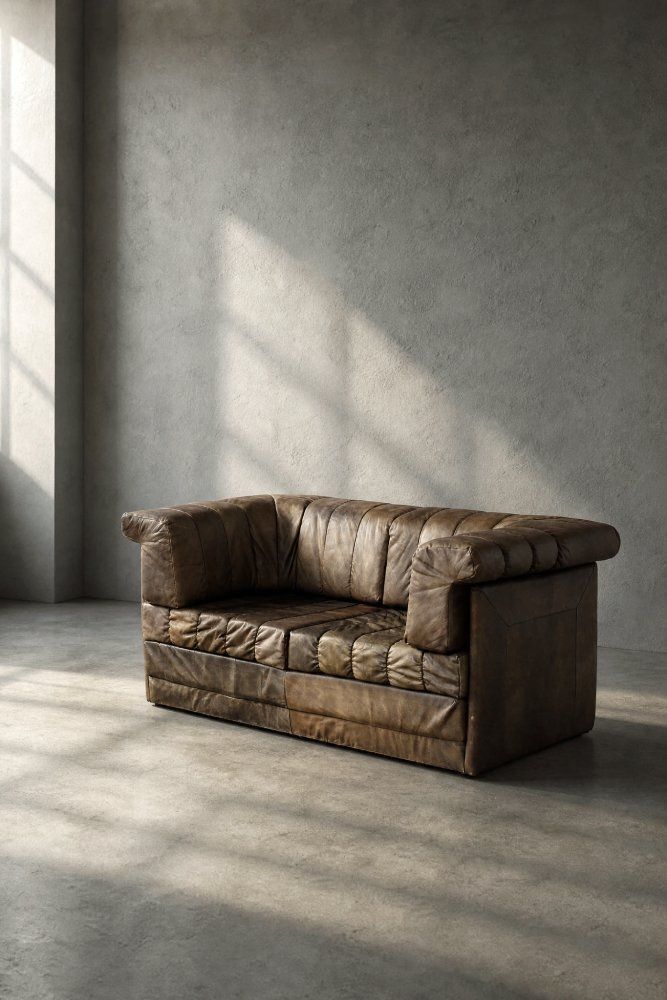 photo furniture Vintage Mid Century Modern Brutalist German Brown Leather 2 Seater Sofa, 1970s