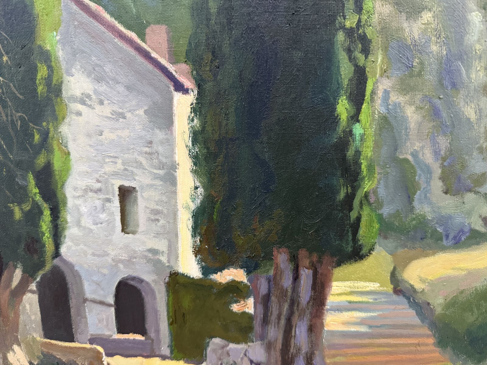 Francesc Galofré Surís – Mediterraan Catalaans landschap met hermitage en cipressen, olieverfschilderij, Spanje 1970 photo Kunst