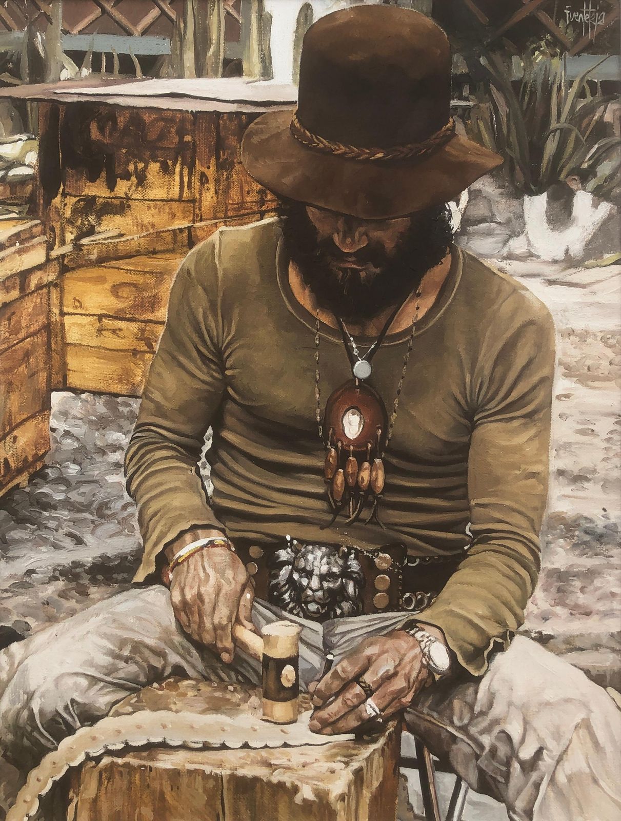 Portrait bohémien hippie José Luis Fuentetaja, peinture à l'huile réaliste méditerranéenne, art figuratif espagnol, vers 1980