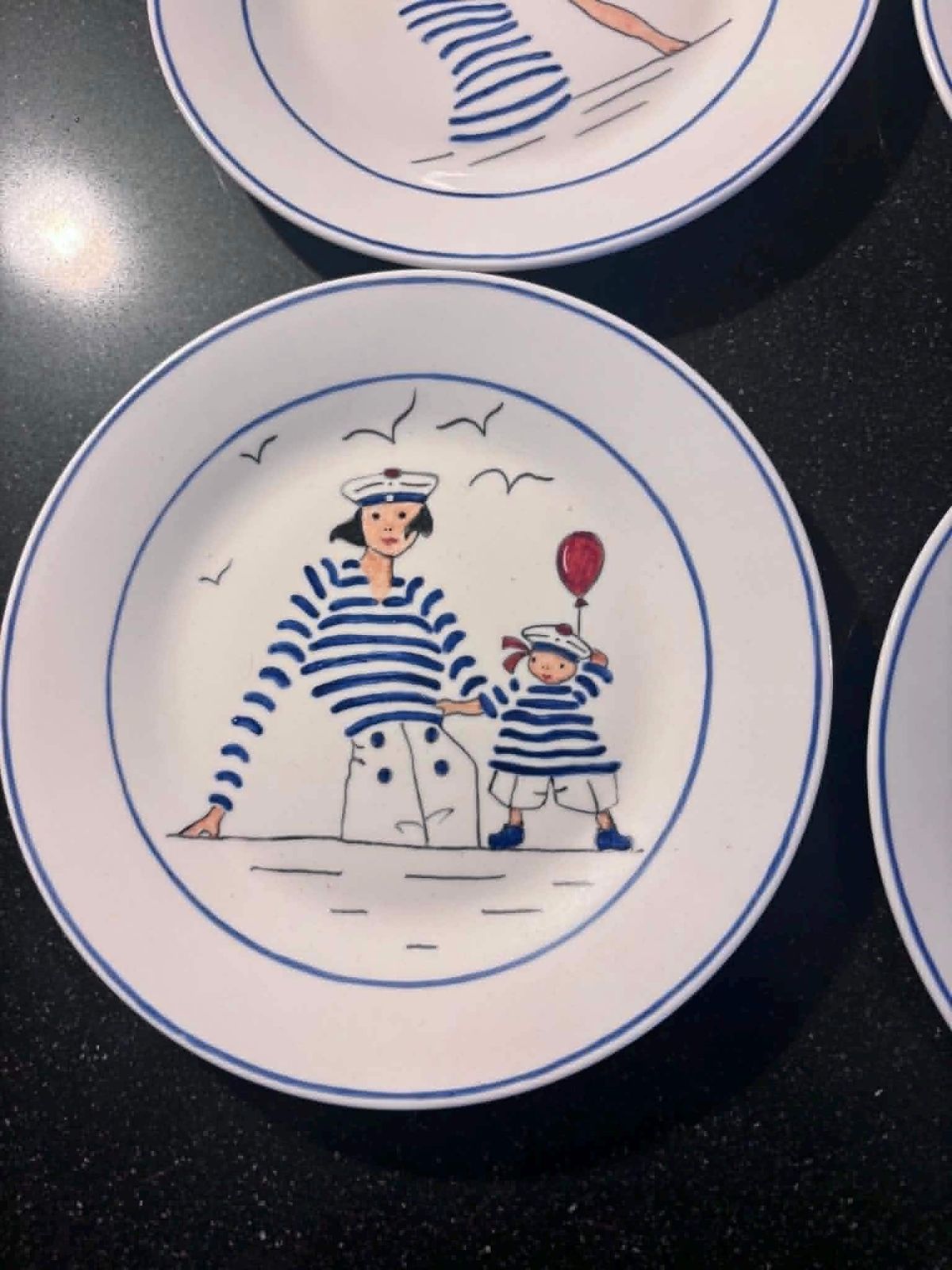 513.0 Set Of 8 Hand Painted French Porcelain Plates, Rue Du Port Inspired Sailor Dessert Plates, Nautical Coastal Tableware photo