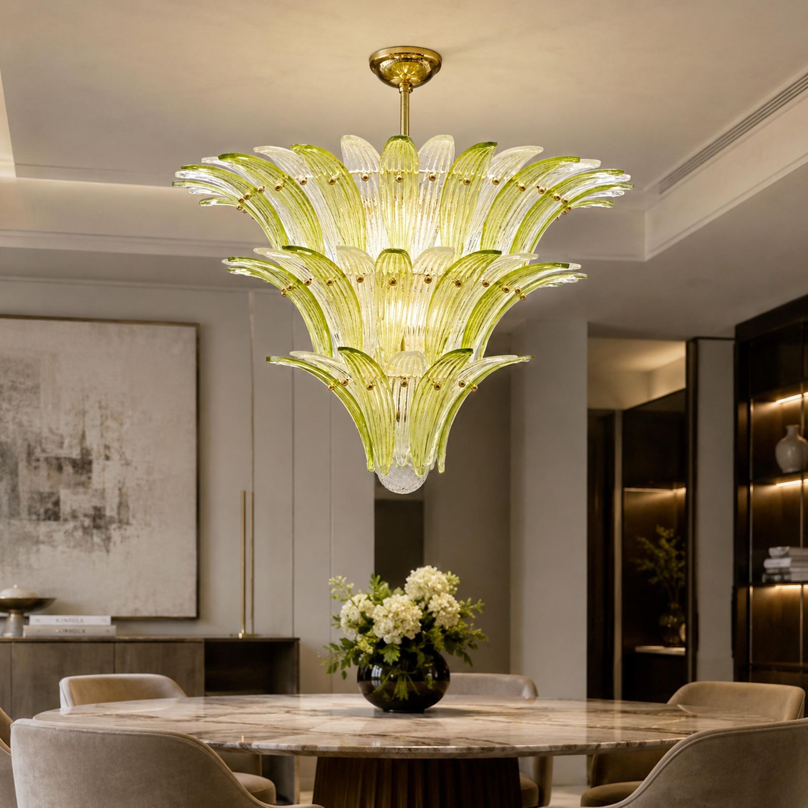 Mid-Century Murano glazen palmette-kroonluchter in groen en helder glas, Italië photo Verlichting