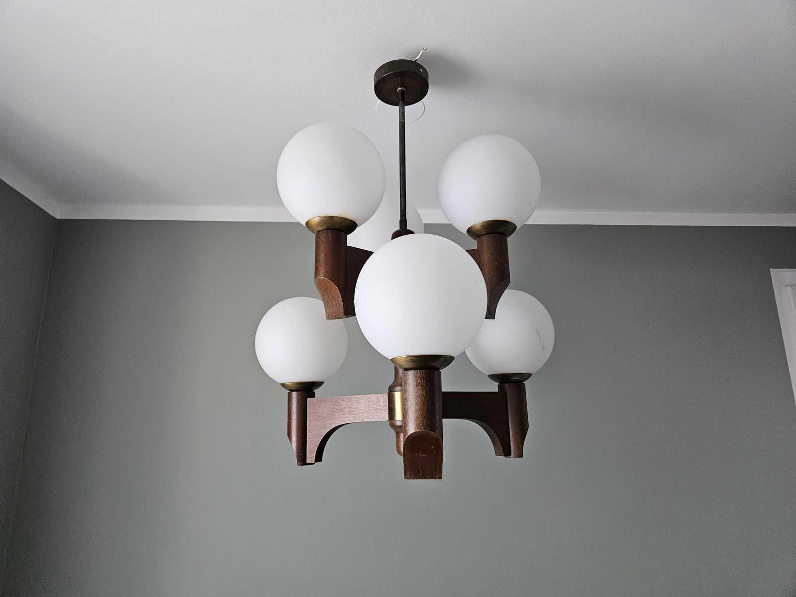 Vintage Mid Century Modern Wooden Chandelier With 6 Opal Glass Globes | 6 X E14