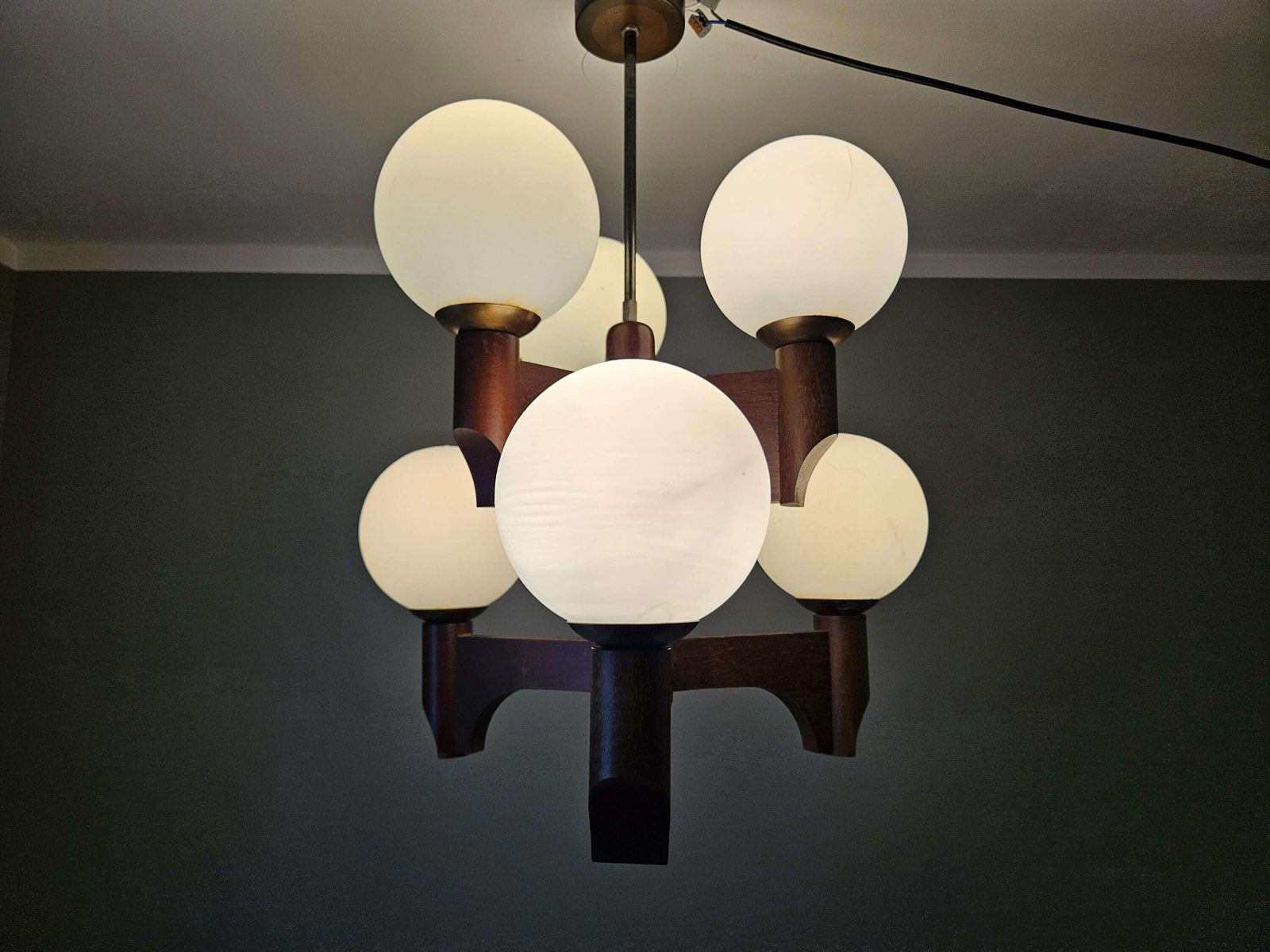Vintage Mid Century Modern Wooden Chandelier With 6 Opal Glass Globes | 6 X E14 photo Lighting