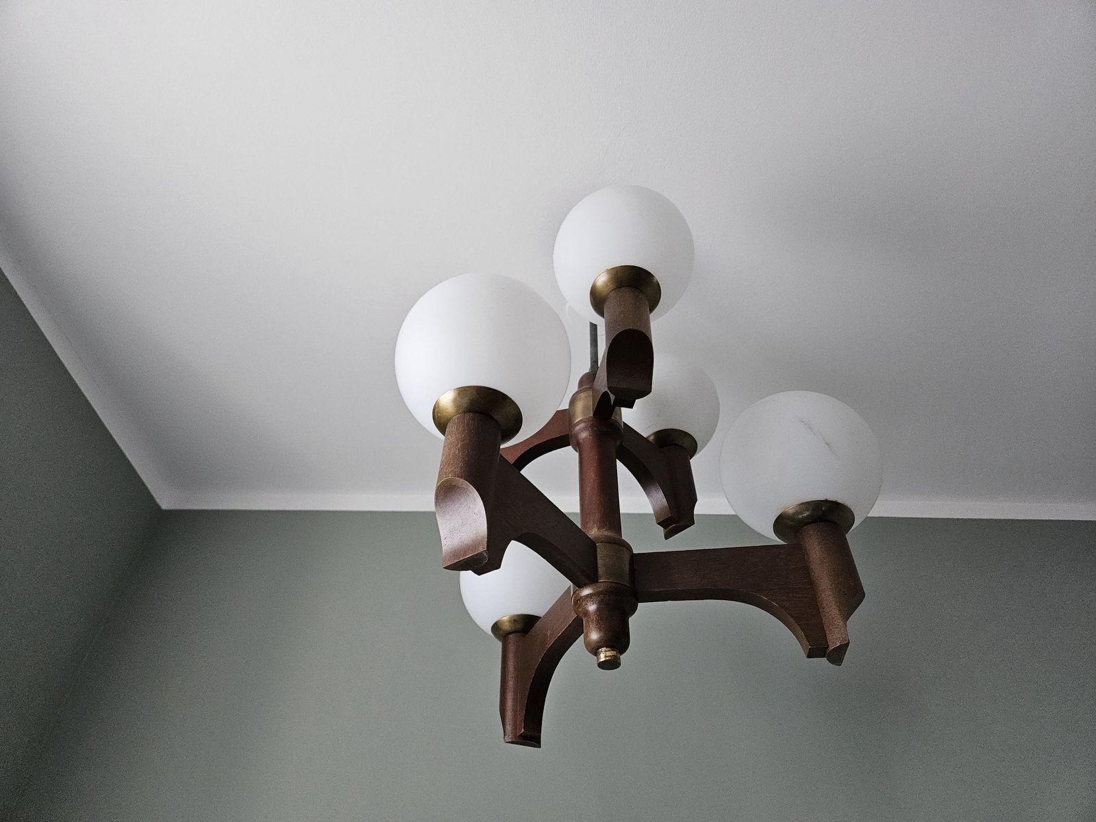 Vintage Mid Century Modern Wooden Chandelier With 6 Opal Glass Globes | 6 X E14 photo buy