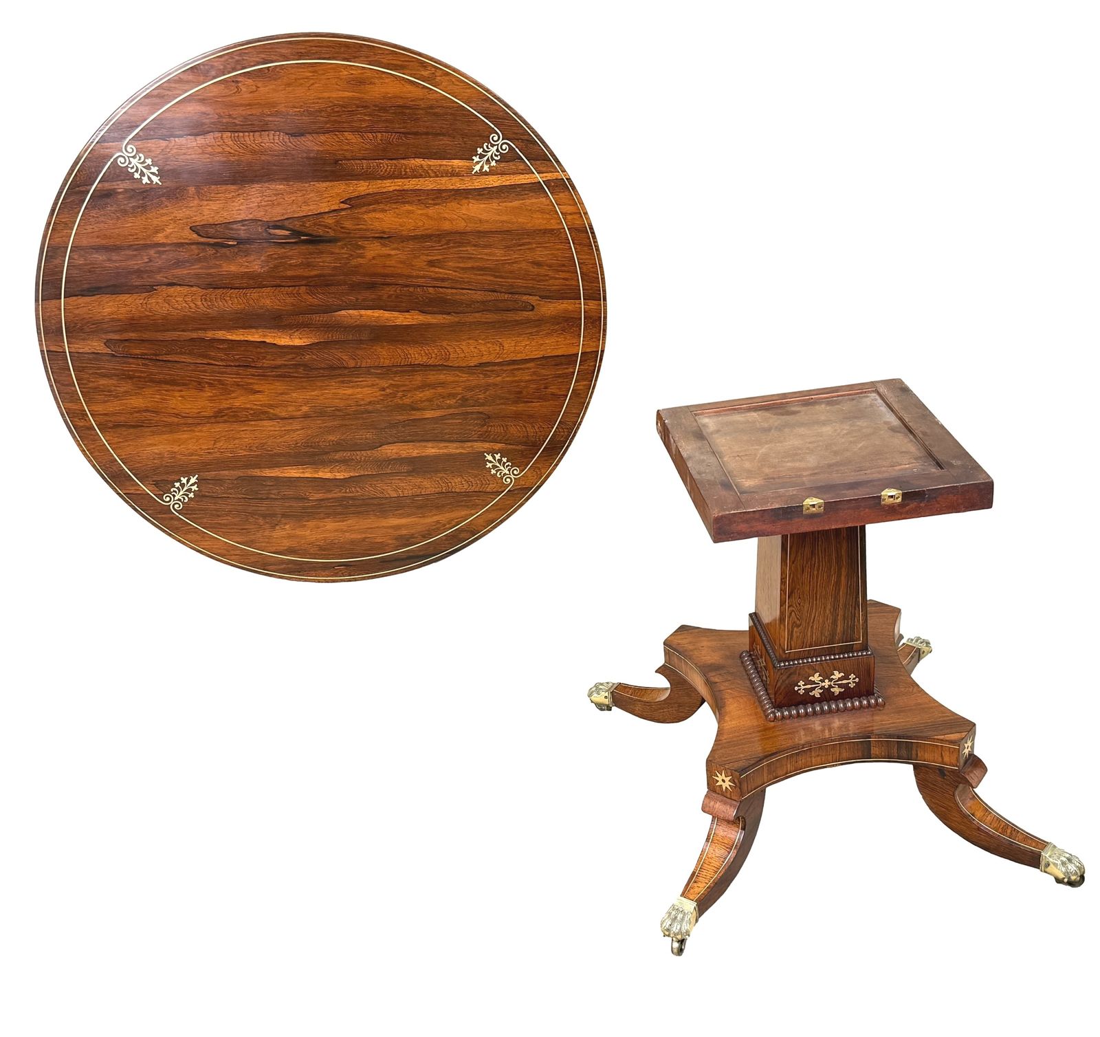 photo furniture Petite table centrale ronde Regency en palissandre et laiton incrusté (Angleterre, vers 1825)