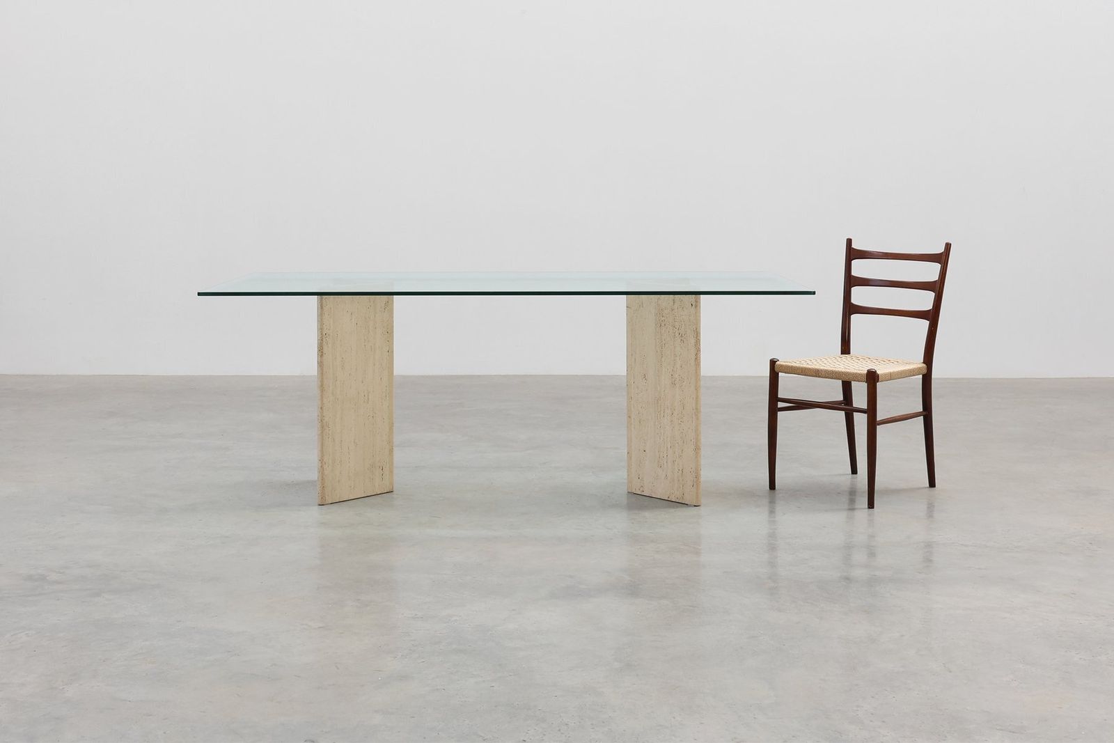 Mid‑Century Italian Dining Table With Glass Top And Travertine Base, 1970s photo for sale