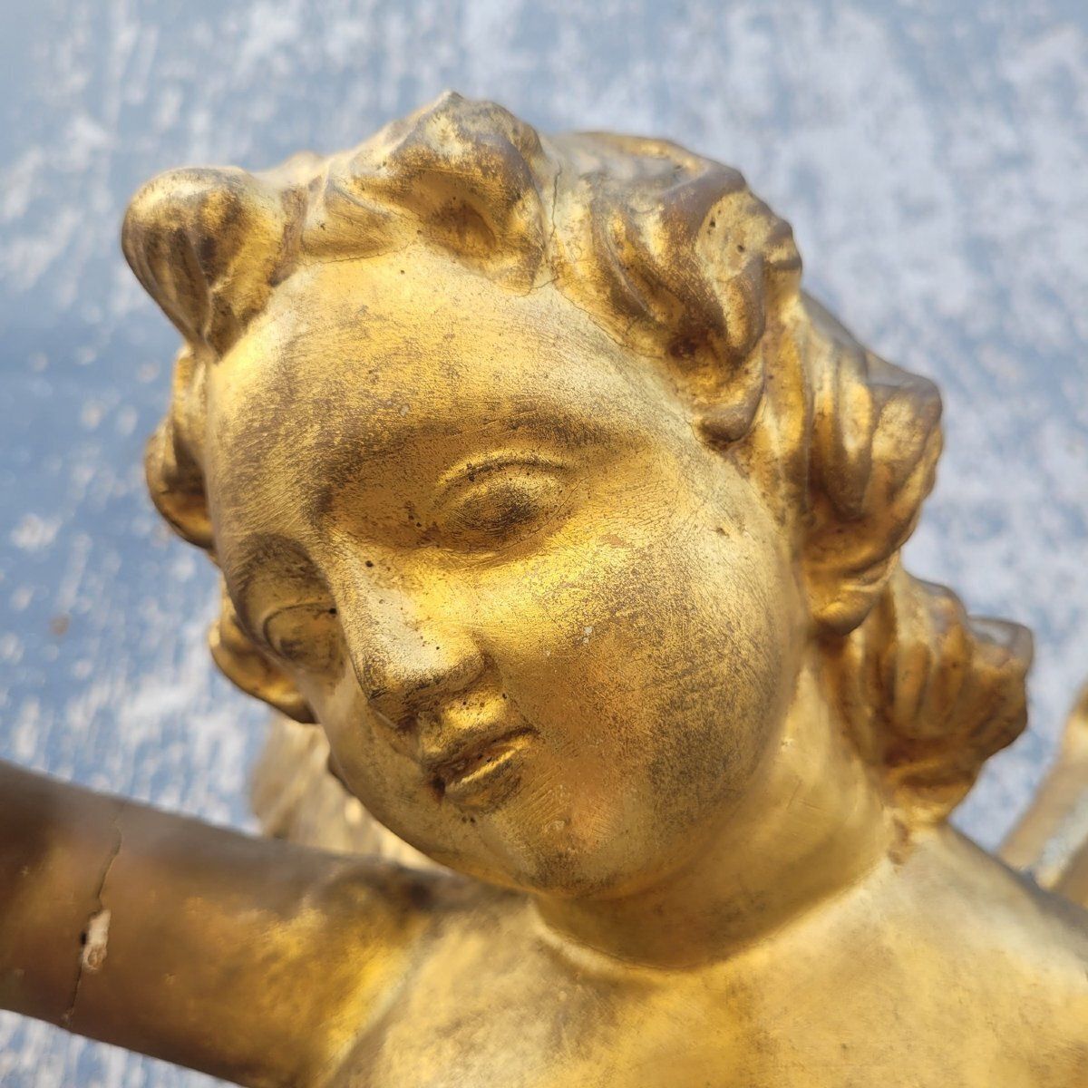 photo for sale Gilded Wooden Winged Putto Holding A Lamp, Italy, 19th Century
