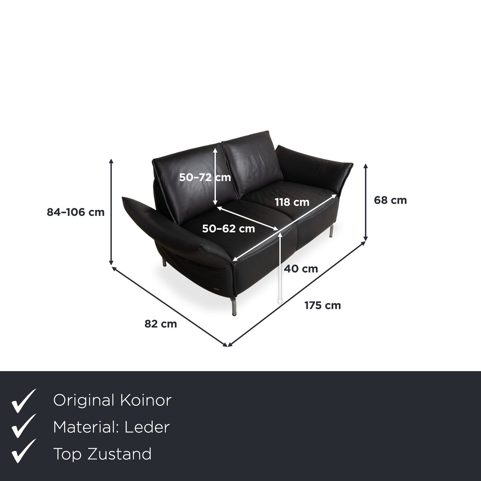 Canapé 2 places Koinor Vanda en cuir anthracite, fonction manuelle photo furniture