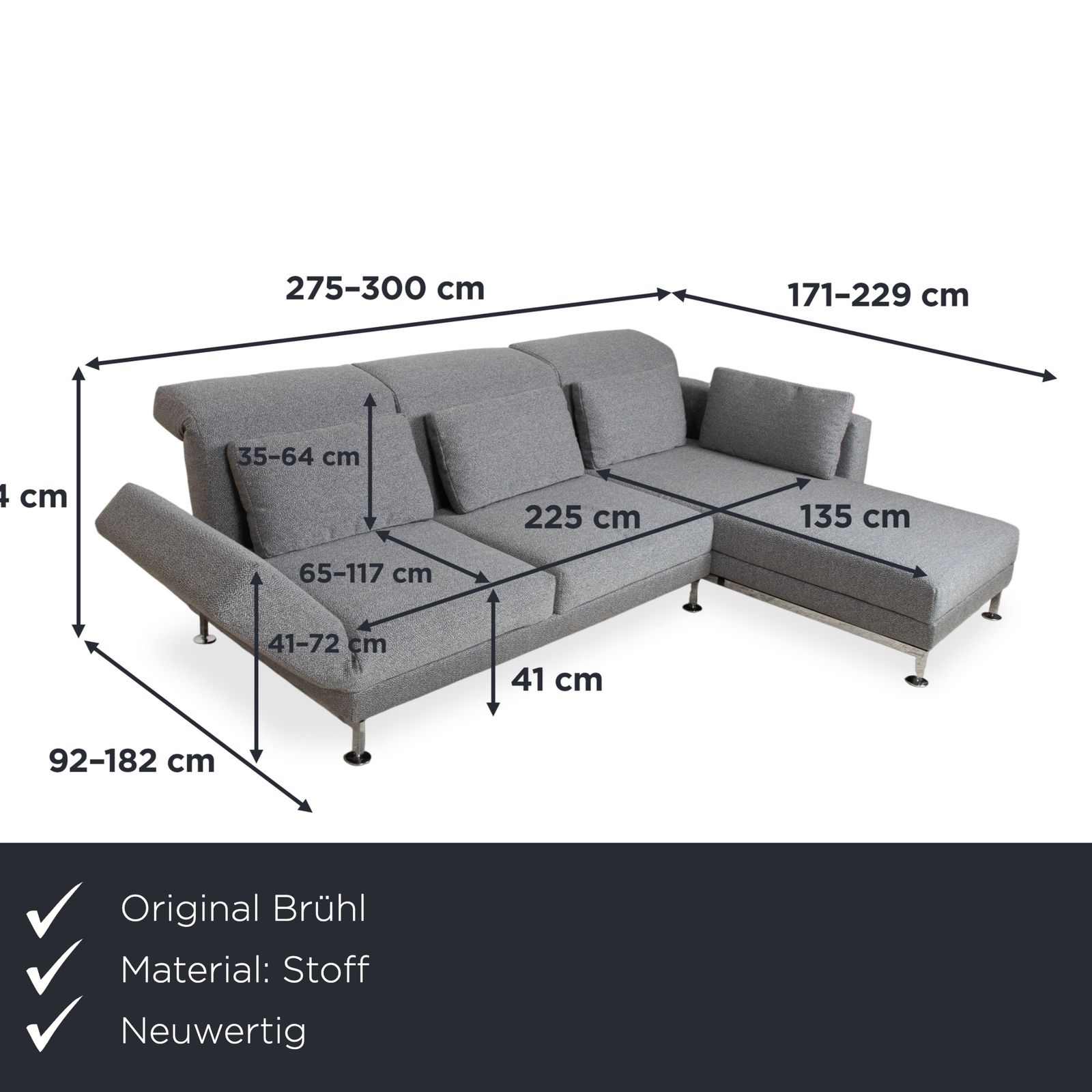 Brühl Moule Fabric Corner Sofa, Grey, Manual Reclining Function, Right Hand Chaise, Reupholstered In Glow 534 photo furniture
