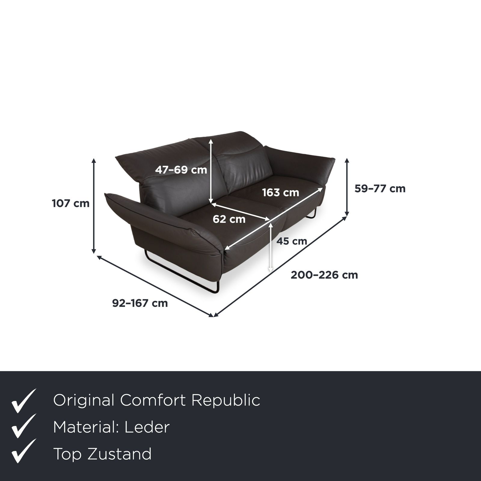 Canapé 2 places Comfort Republic en cuir anthracite avec fonction électrique photo furniture
