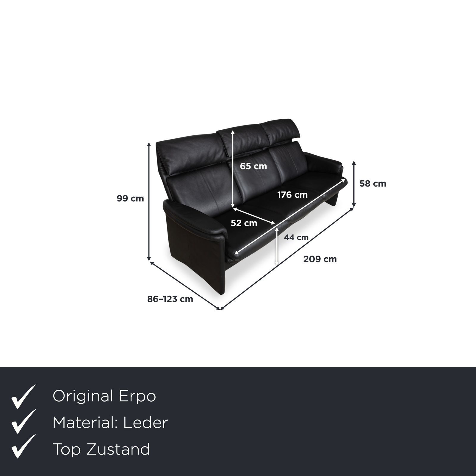 Erpo Lugano Leather Three Seater Black Manual Function Sofa photo furniture