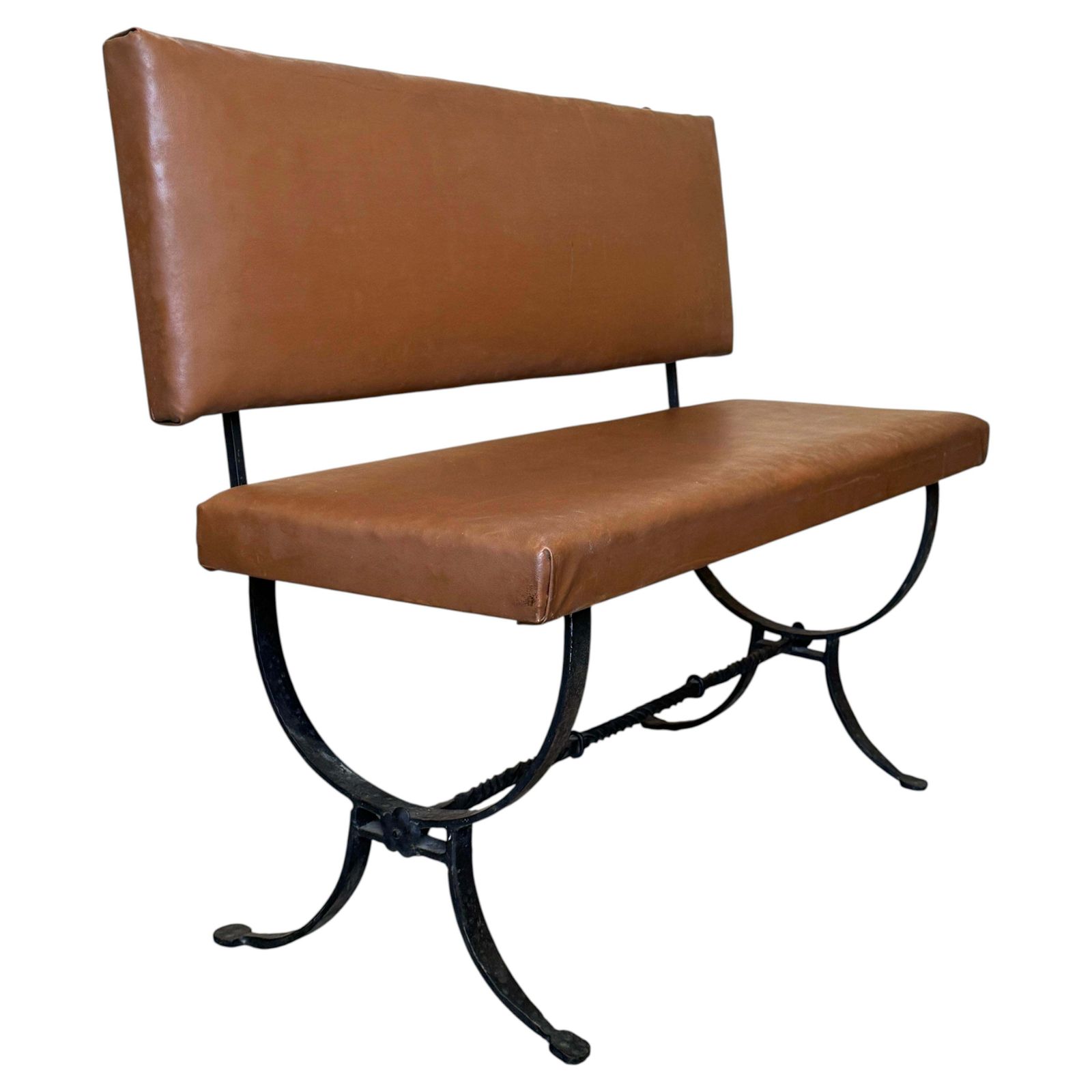 Banquette espagnole rustique et vintage, revêtement cuir et piétement en fer forgé