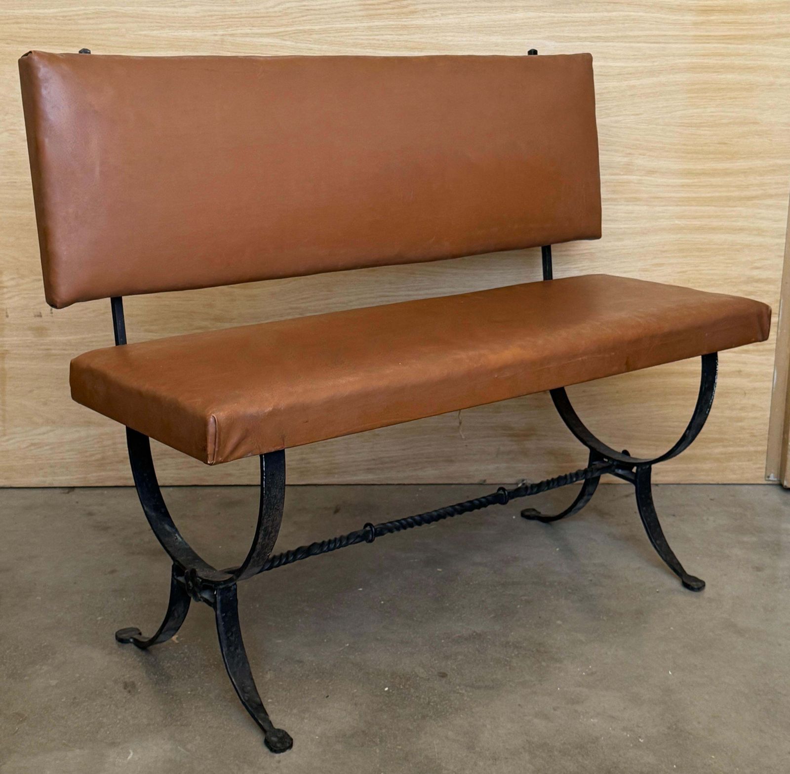 Spanish Rustic & Vintage Upholstered Leather Bench With Wrought Iron Base photo vinterior