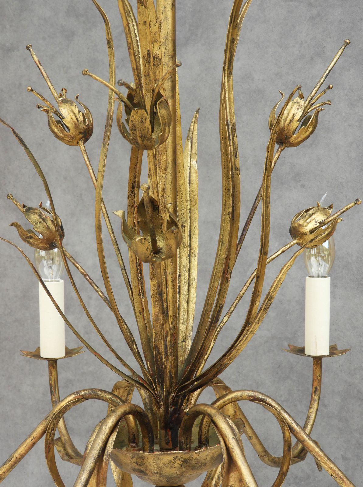 Mid Century Spanish Gilt Tôle Botanical Six Light Chandelier C1950s photo buy