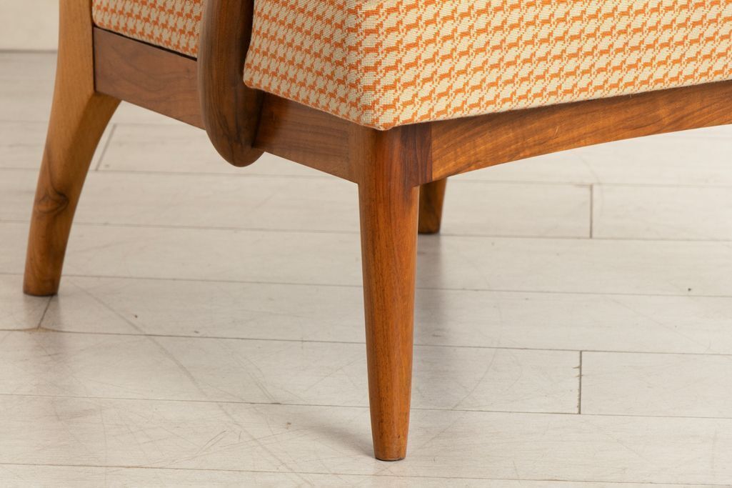 Midcentury Walnut Chair Reupholstered In Hermes Orange Cheval Pixel Fabric photo vinterior