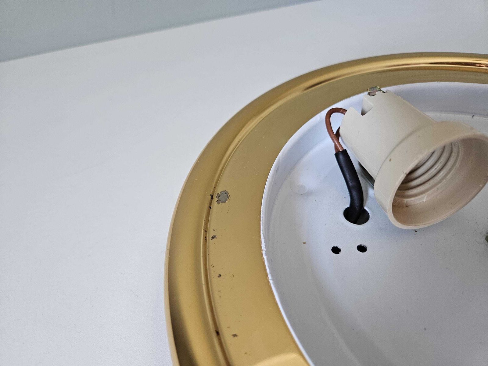 Vintage Flush Mount Ceiling Light | Frosted Swirl Glass & Brass | Mid Century Modern | Made In Italy photo vintage
