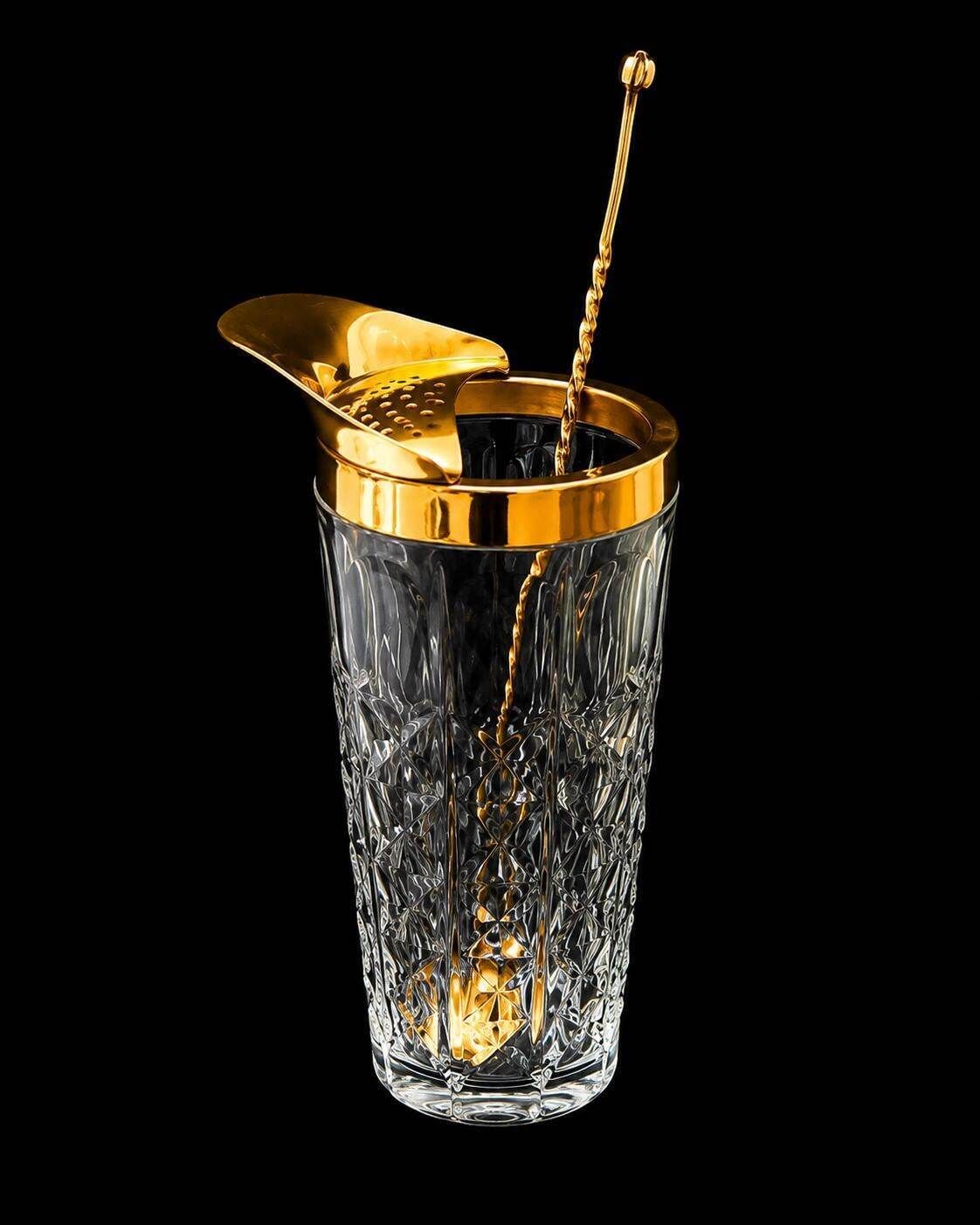 Val Saint Lambert Kristallen Cocktailkan: Mid-Century Barware met Gouden Rand en Lepel