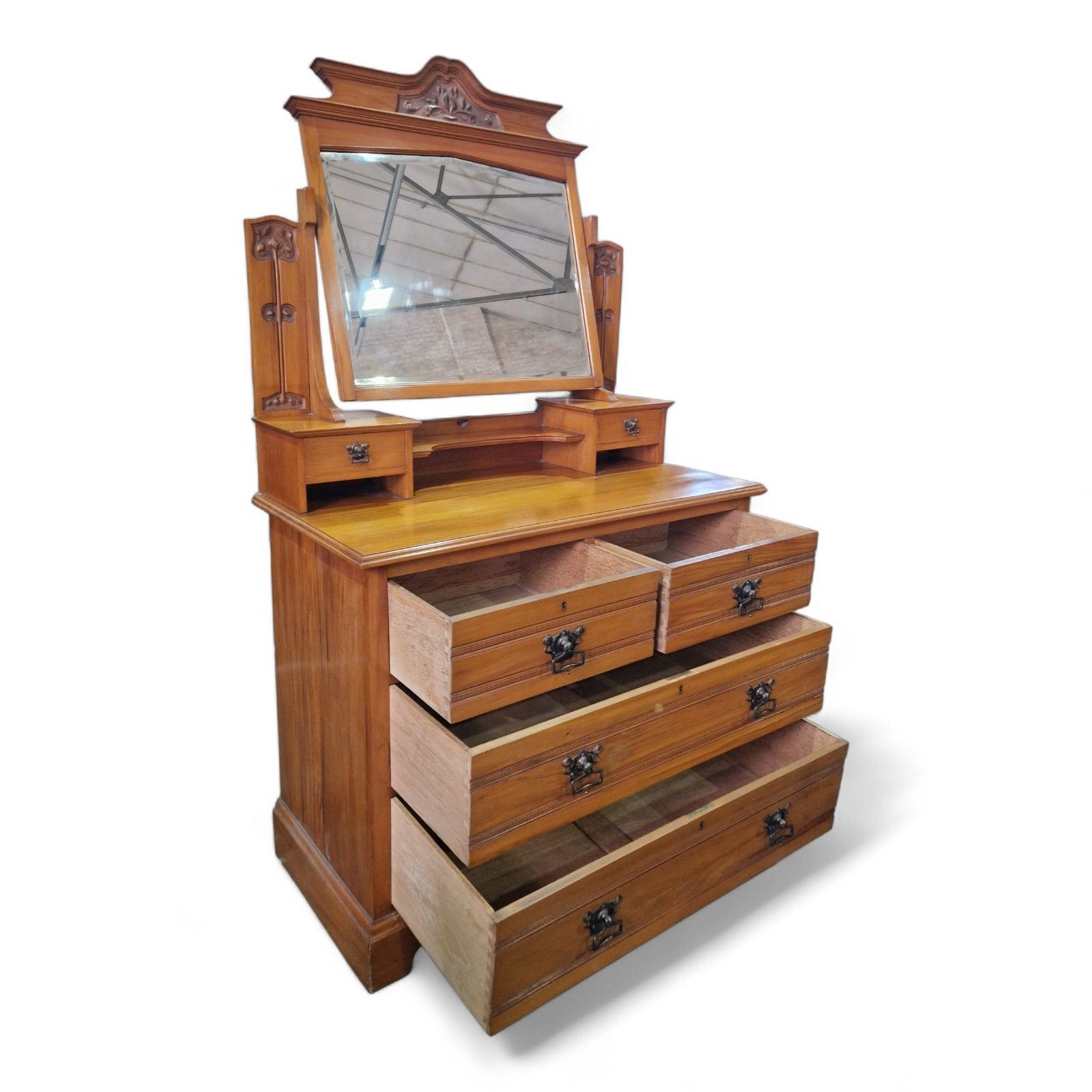 Victorian Satinwood Dressing Chest Tilting Mirror Art Nouveau Vanity 6 Drawers photo Furniture