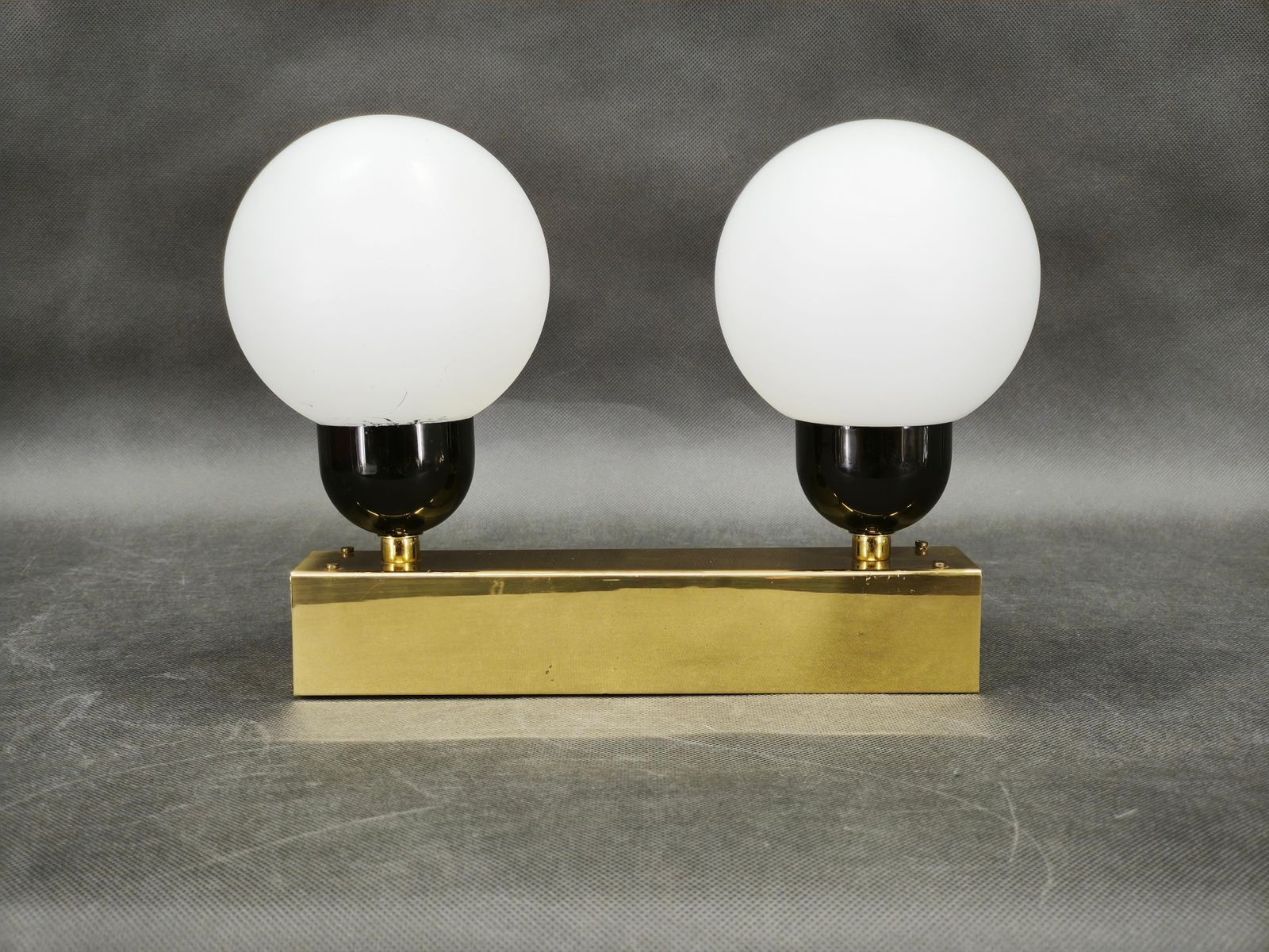 Kamenický šenov Brass Double Globe Wall Light, Czechoslovakia, 1970s photo vinterior