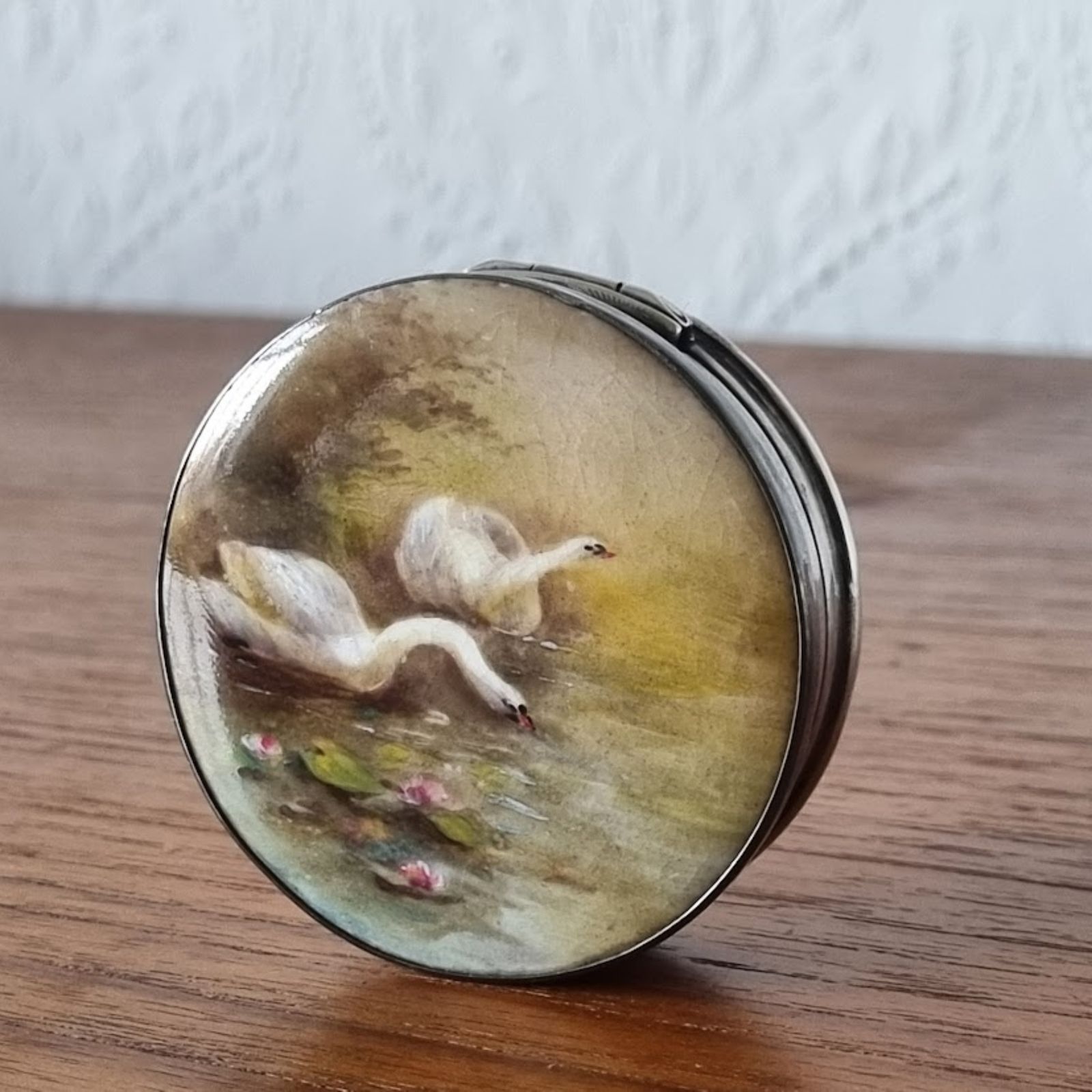 1926 Sterling Zilver Email Zwaan Compact Spiegel van Sanders & Mackenzie photo 750.0