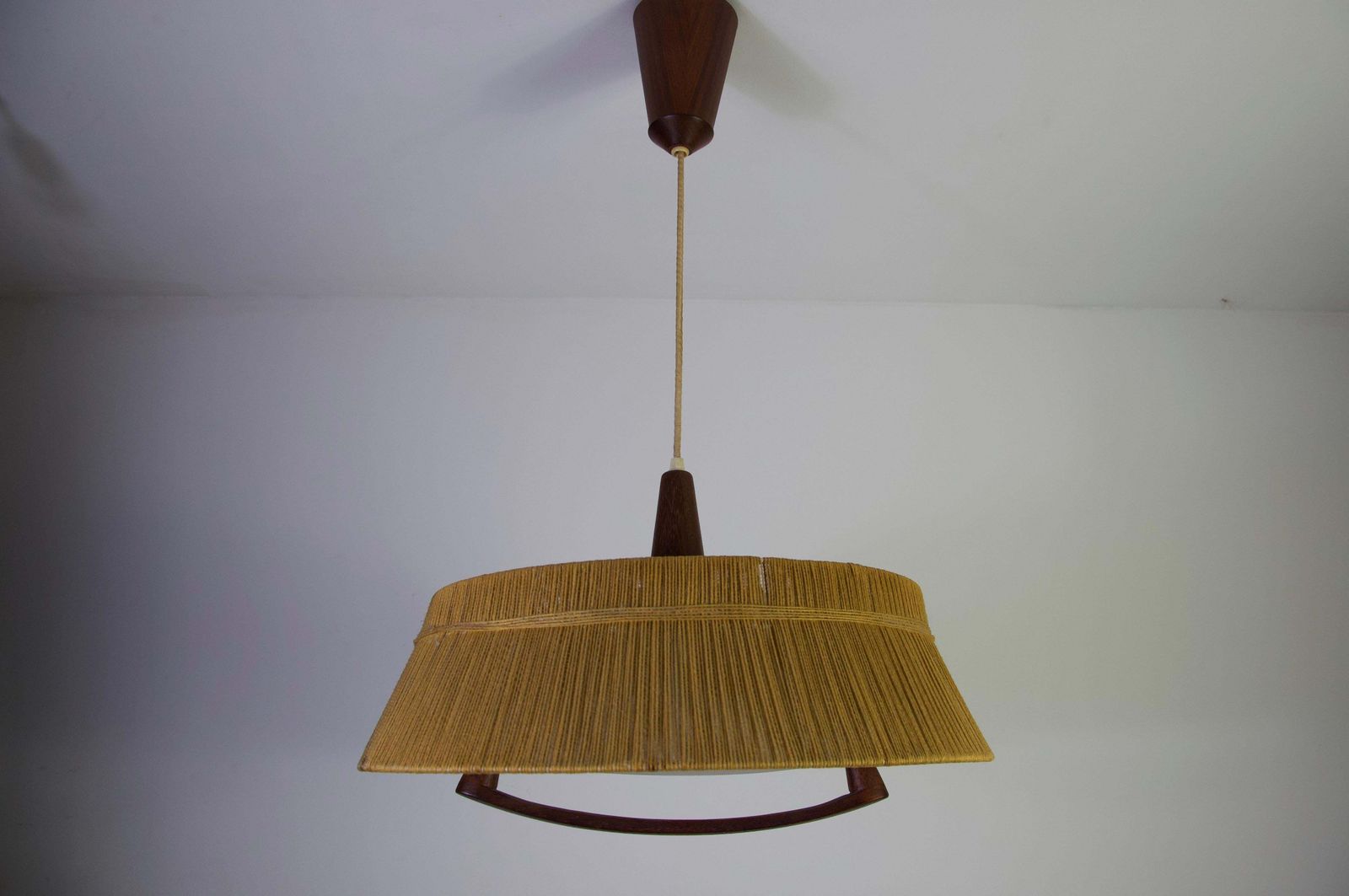 Midcentury Teak And Cord Shade Hanging Lamp By Temde, 1960 photo Lighting
