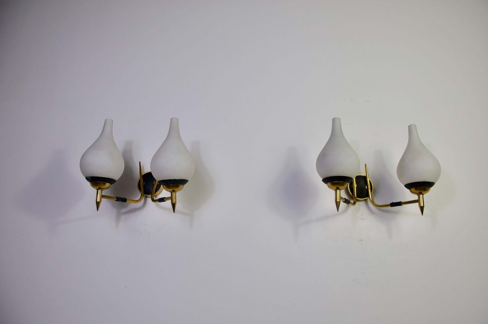 Mid Century Brass And Opaline Wall Lamps By Stilnovo, Italy, 1960s photo Lighting