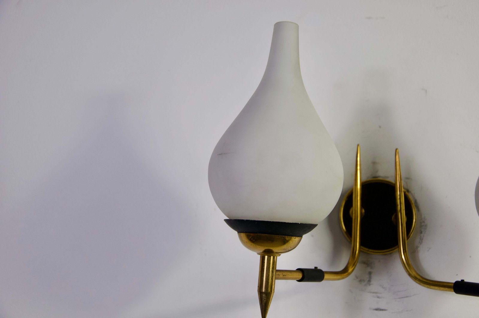 photo for sale Mid Century Brass And Opaline Wall Lamps By Stilnovo, Italy, 1960s